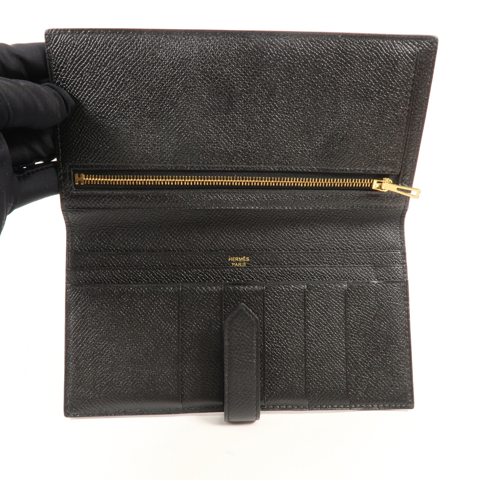 HERMES Chevre皮革Bearn Long Wallet金扣長錢包Noir