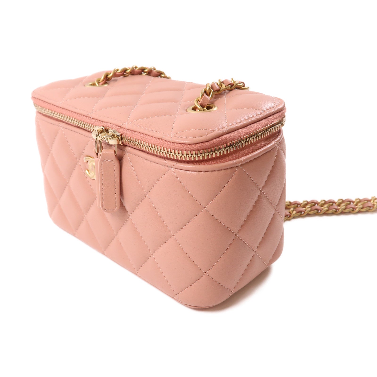 CHANEL 羊皮皮革Vanity Case金扣鏈帶肩背袋粉紅色