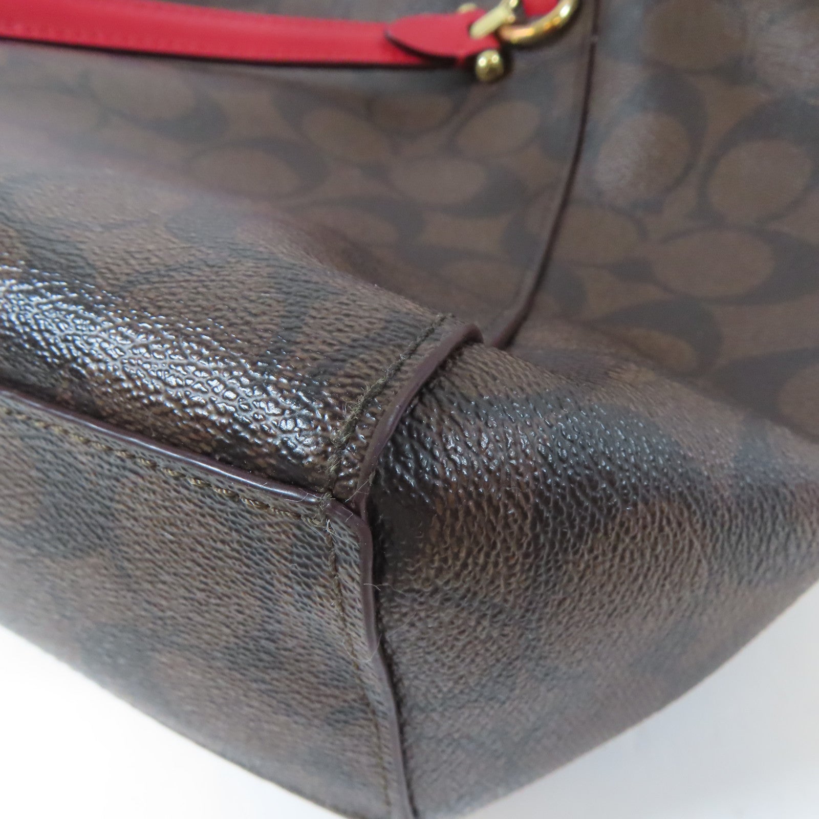 COACH 塗層帆布2 Way Shoulder金扣手挽肩背兩用袋啡色/紅色