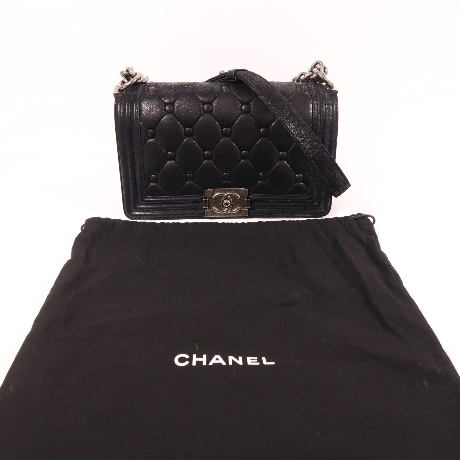 CHANEL CC SHW Boy 25 Chain Shoulder Bag Calfskin Leather Black