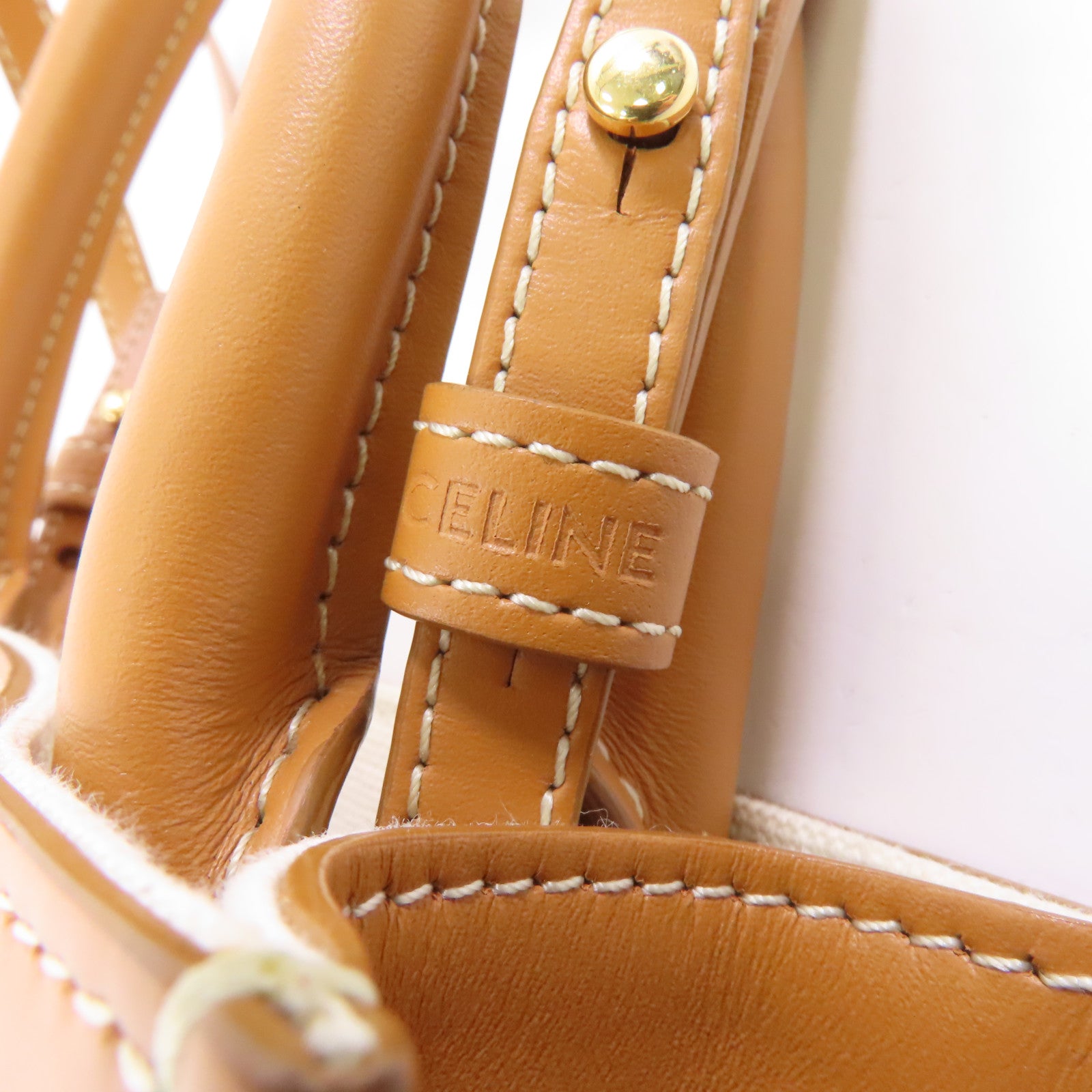 CELINE 帆布/皮革Mini Vertical Cabas金扣手挽肩背兩用袋白色/啡色