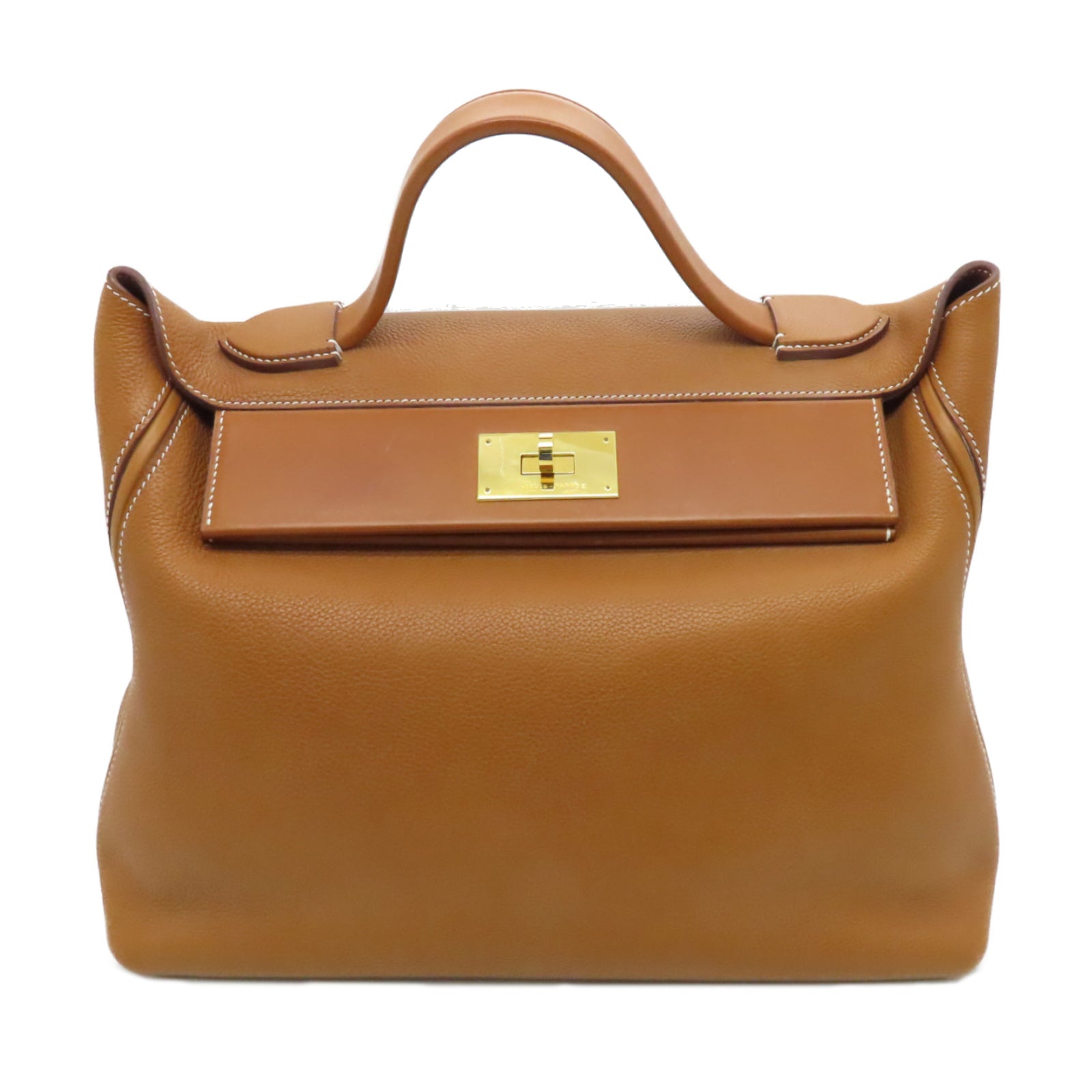 HERMES Barenia Leather 24/24 35cm Gold Buckle Handle Bag Brown