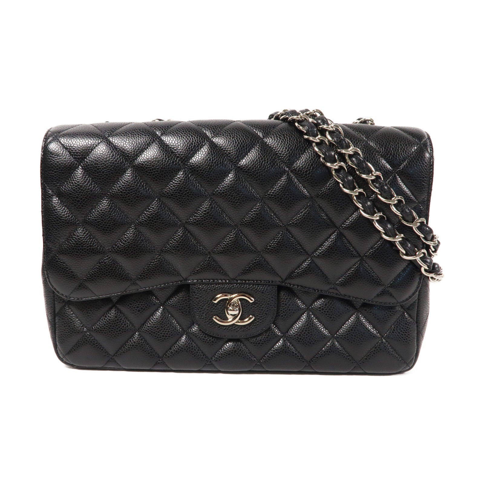 CHANEL 菱格Caviar皮革Jumbo Classic銀扣鏈帶肩背袋黑色