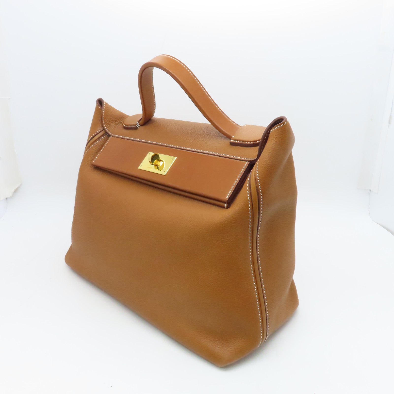 HERMES Barenia Leather 24/24 35cm Gold Buckle Handle Bag Brown