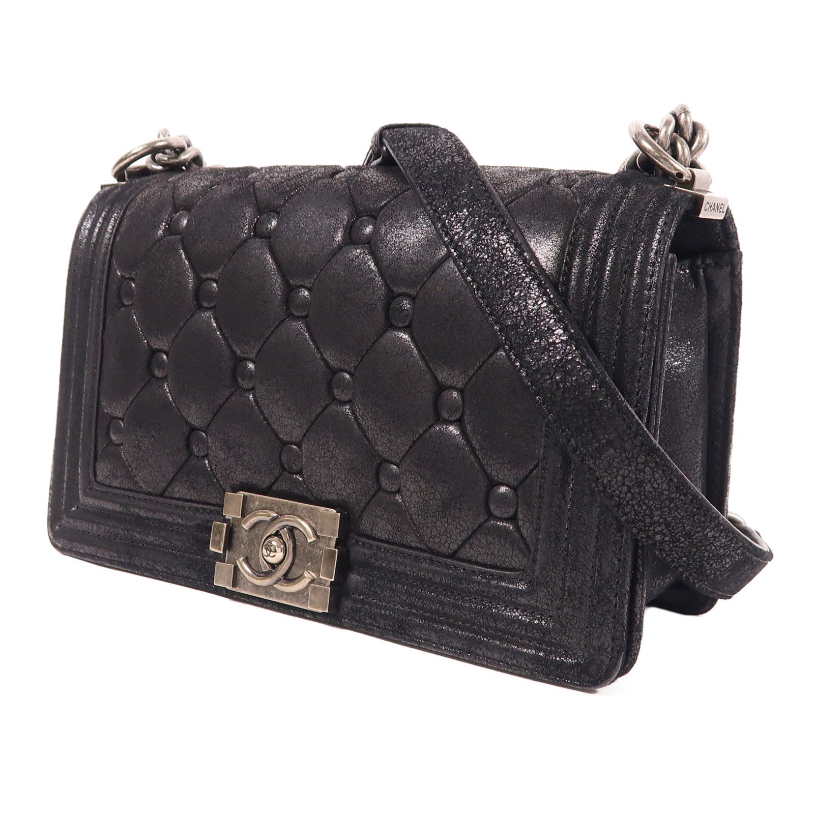 CHANEL CC SHW Boy 25 Chain Shoulder Bag Calfskin Leather Black