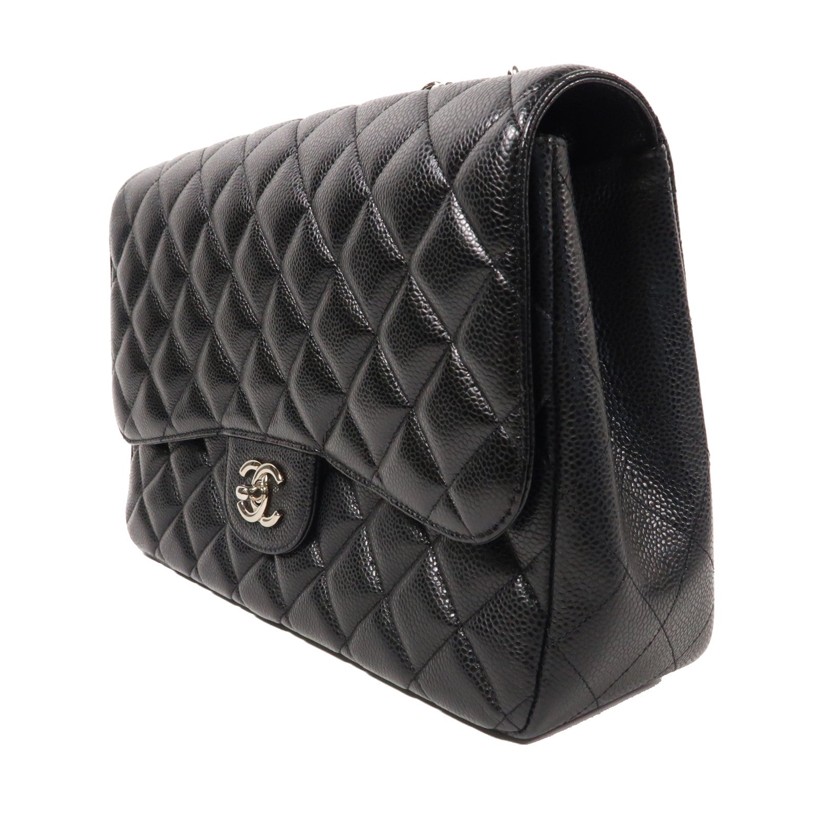 CHANEL 菱格Caviar皮革Jumbo Classic銀扣鏈帶肩背袋黑色