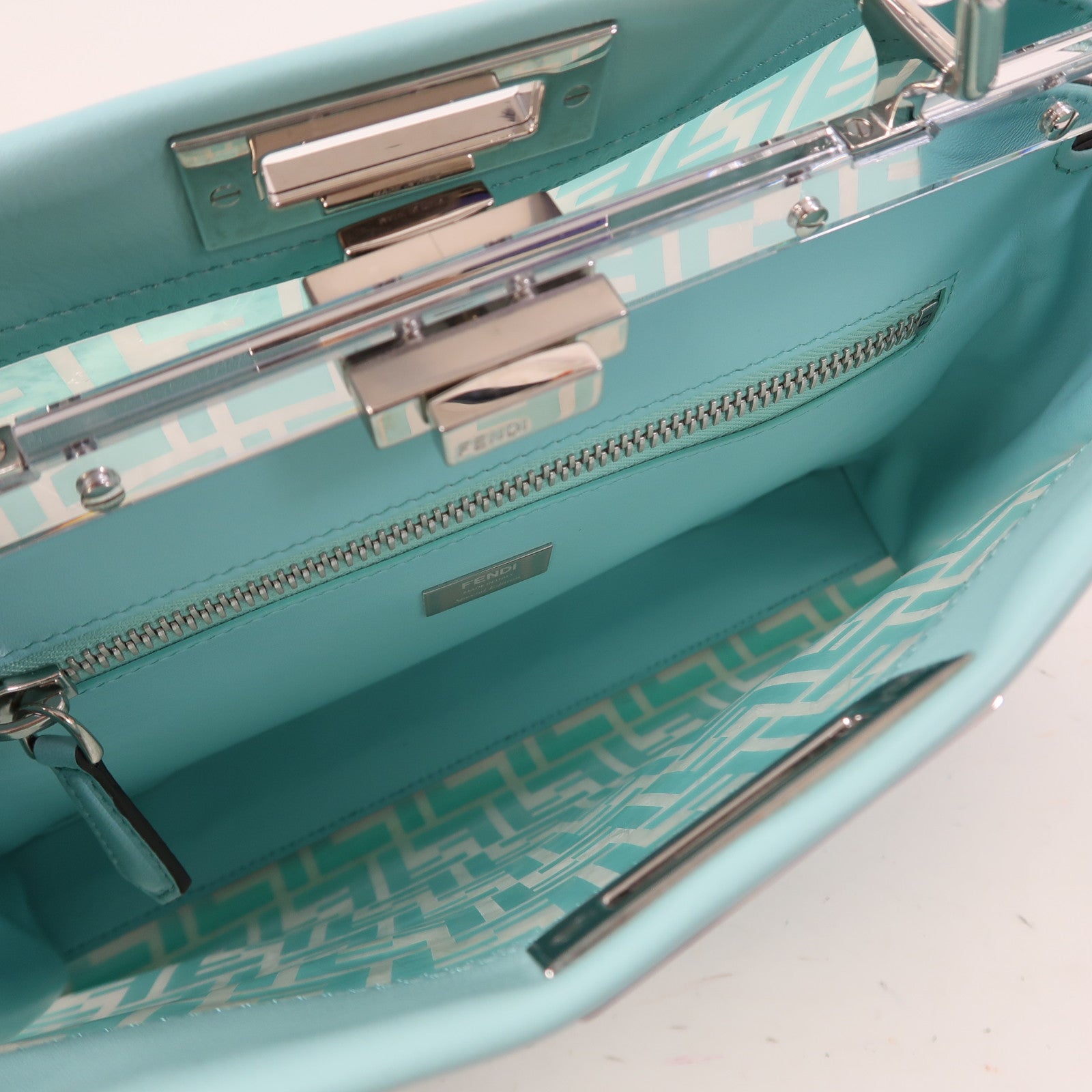 FENDI 【激減優惠】PVC Peekaboo銀扣手挽肩背兩用袋湖水綠色