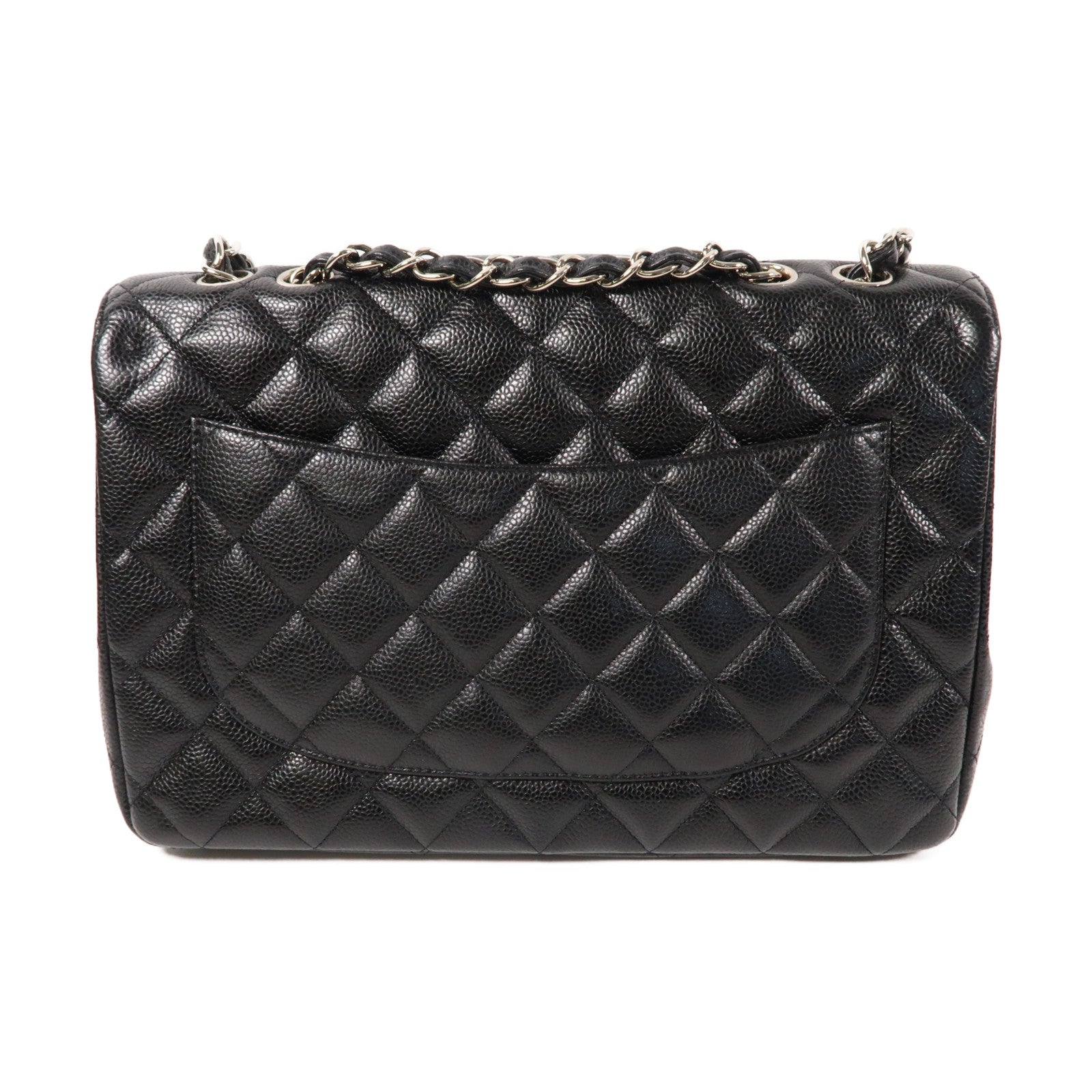 CHANEL 菱格Caviar皮革Jumbo Classic銀扣鏈帶肩背袋黑色
