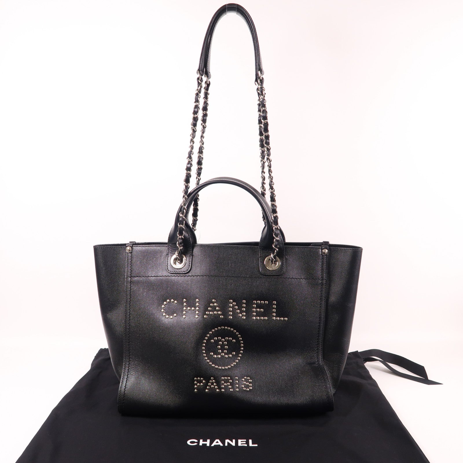 CHANEL 牛皮皮革Deauville銀扣手挽肩背兩用袋