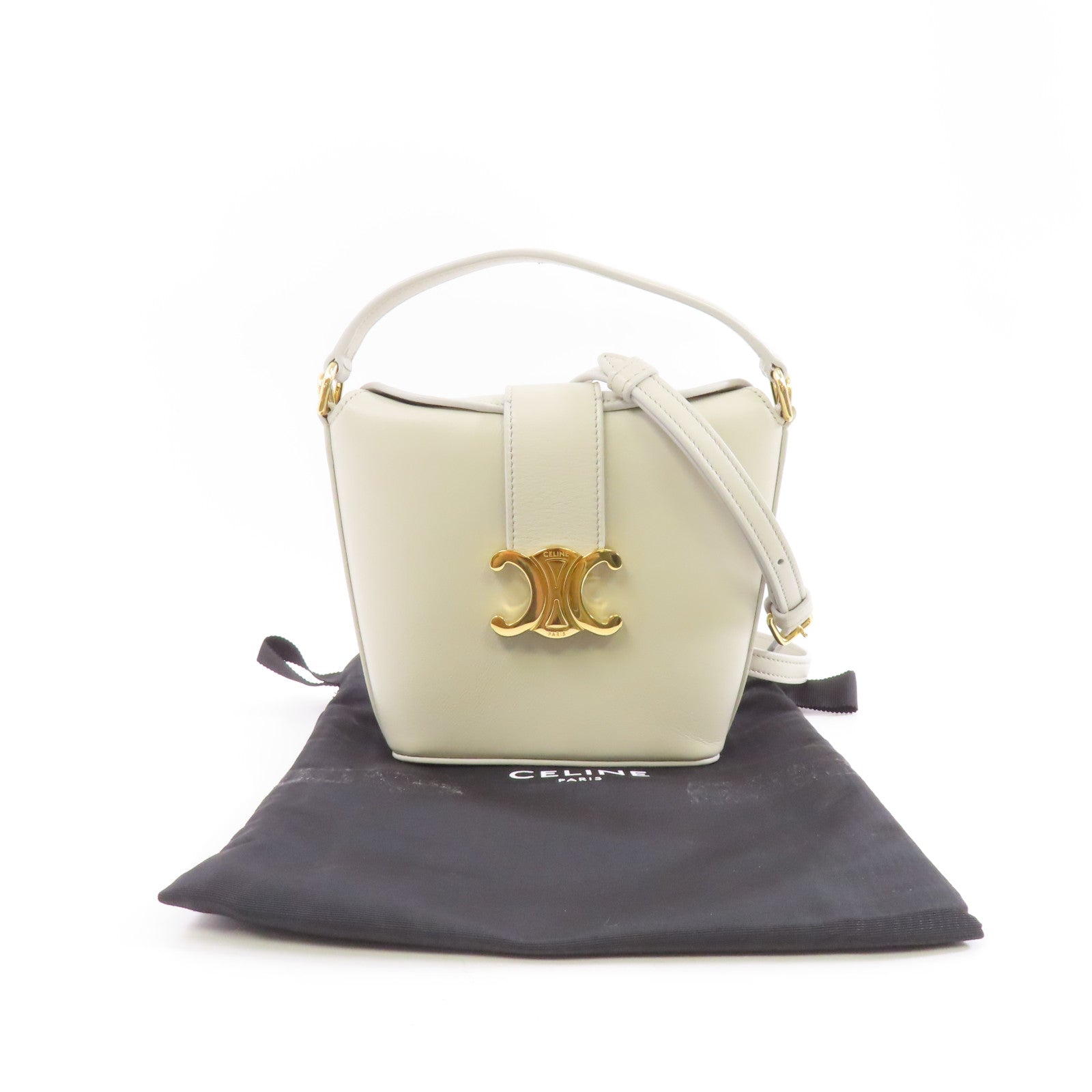CELINE 牛皮皮革Triomphe Mini Bucket金扣手挽肩背兩用袋淺灰色