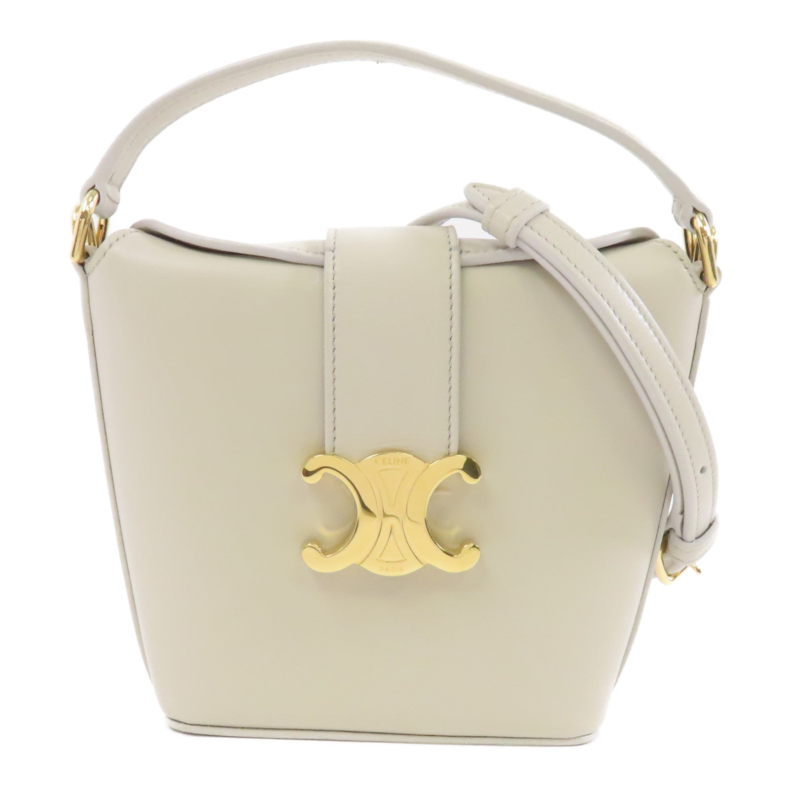CELINE 牛皮皮革Triomphe Mini Bucket金扣手挽肩背兩用袋淺灰色