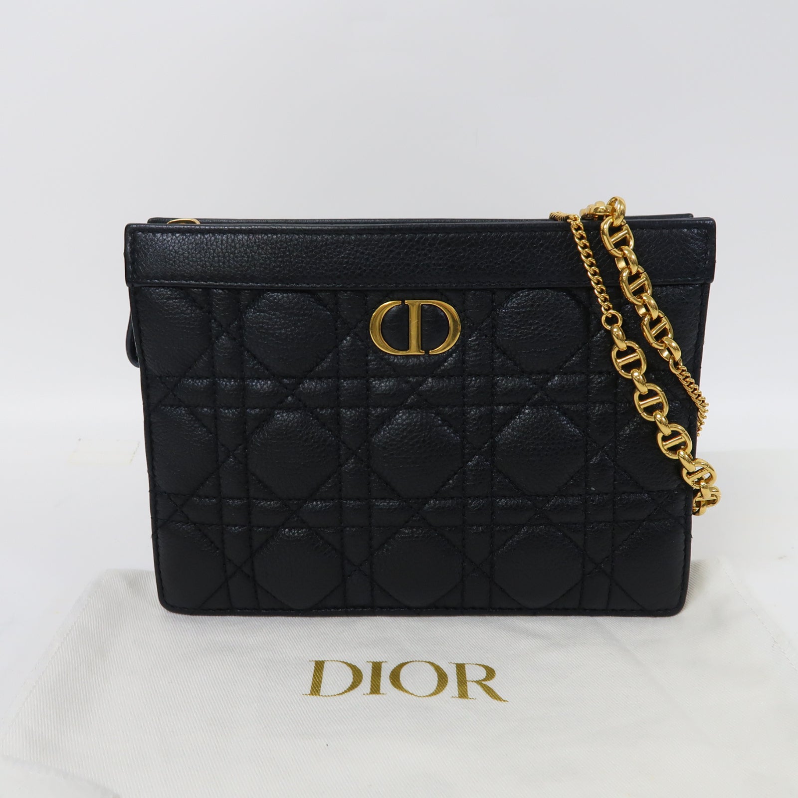 Dior 牛皮皮革Caro Every Dior金扣鏈帶肩背袋黑色
