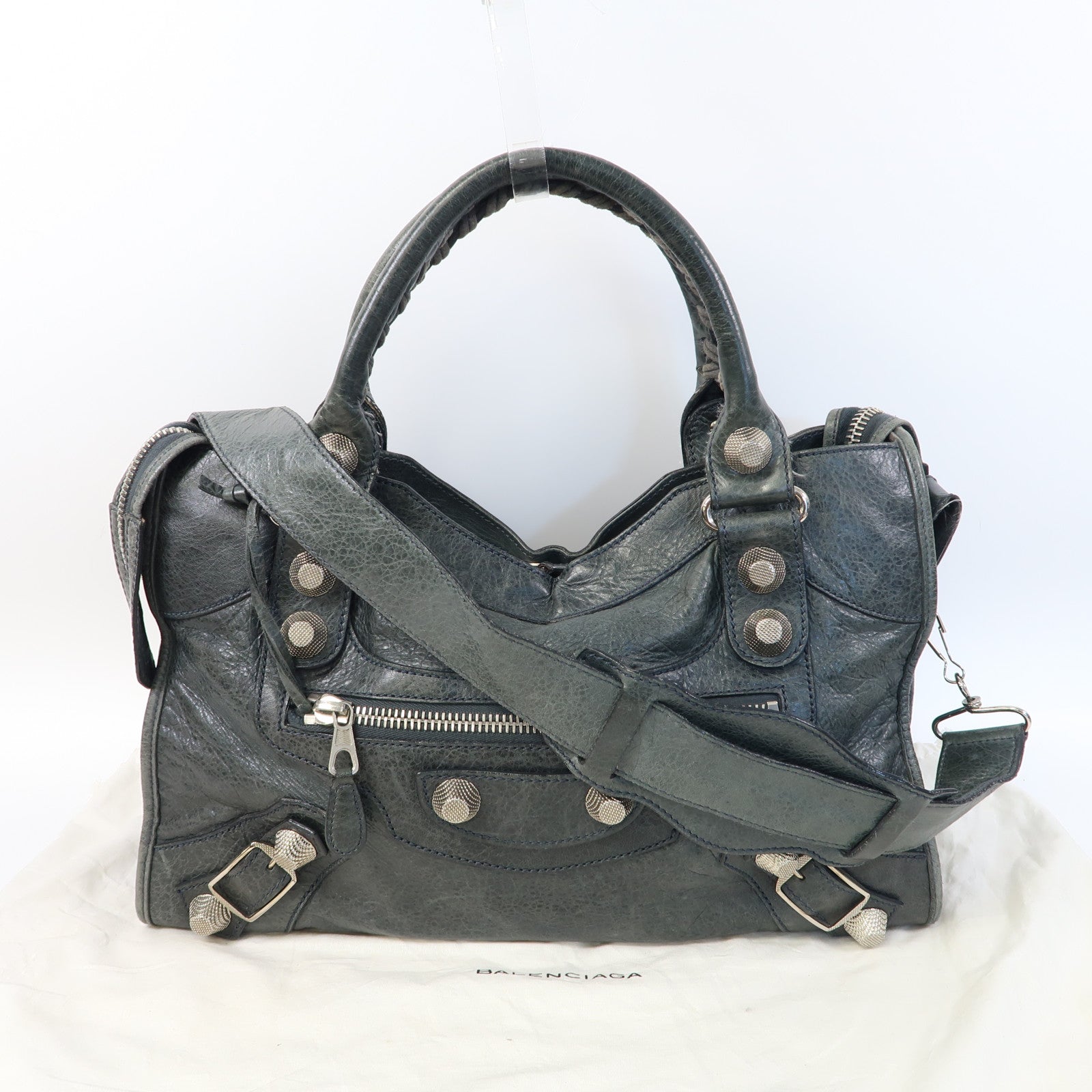 BALENCIAGA 牛皮皮革Giant City銀扣手挽肩背兩用袋綠色
