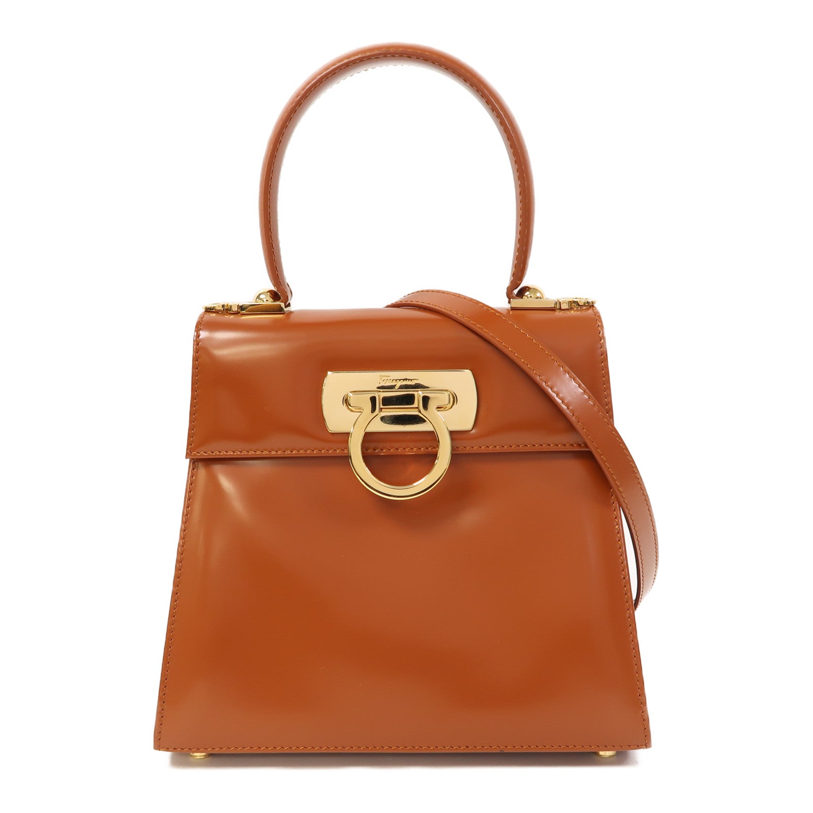 Salvatore Ferragamo 牛皮皮革Small Top Handle金扣手挽肩背兩用袋啡色
