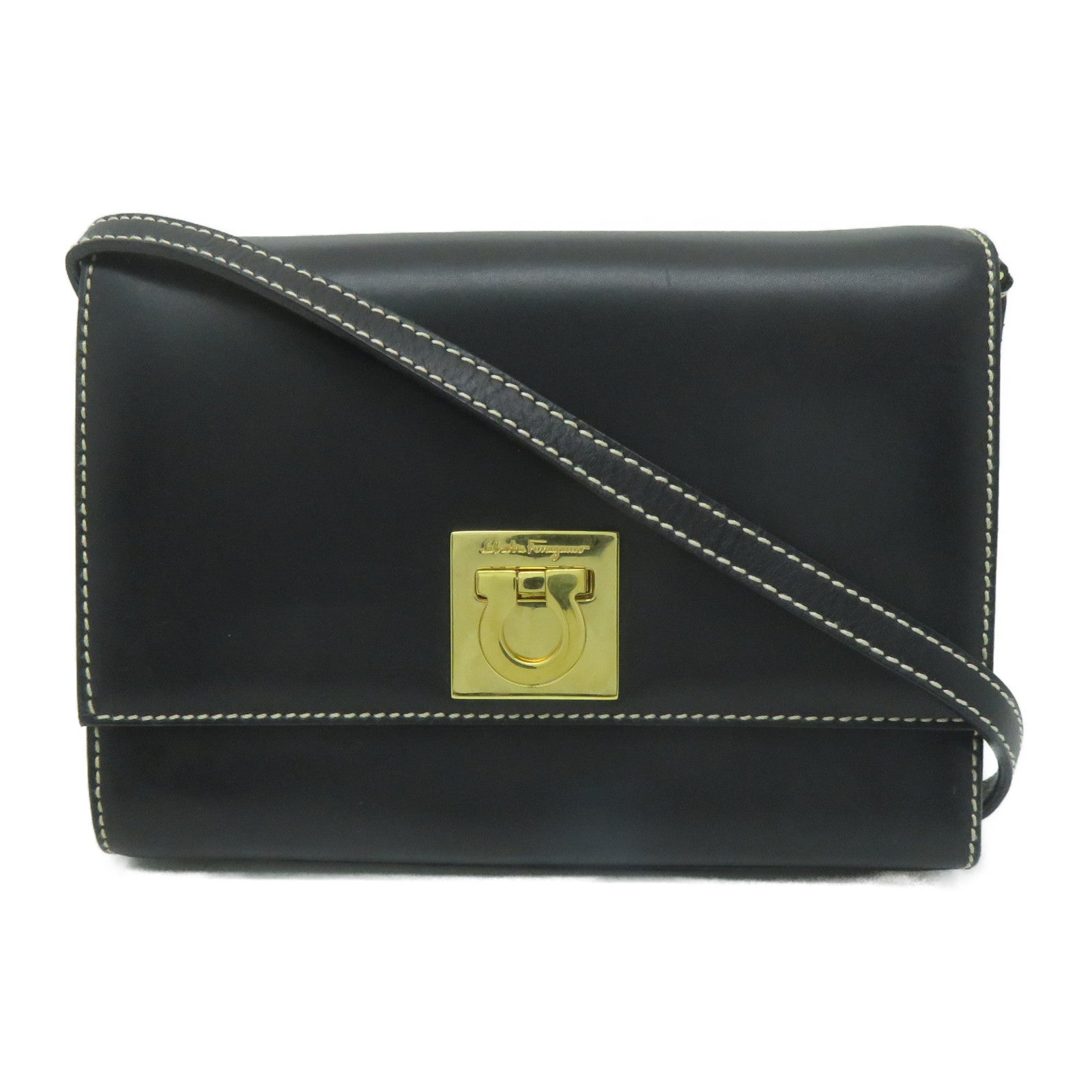 Salvatore Ferragamo 【激減優惠】牛皮皮革Shoulder Bag金扣肩背袋黑色