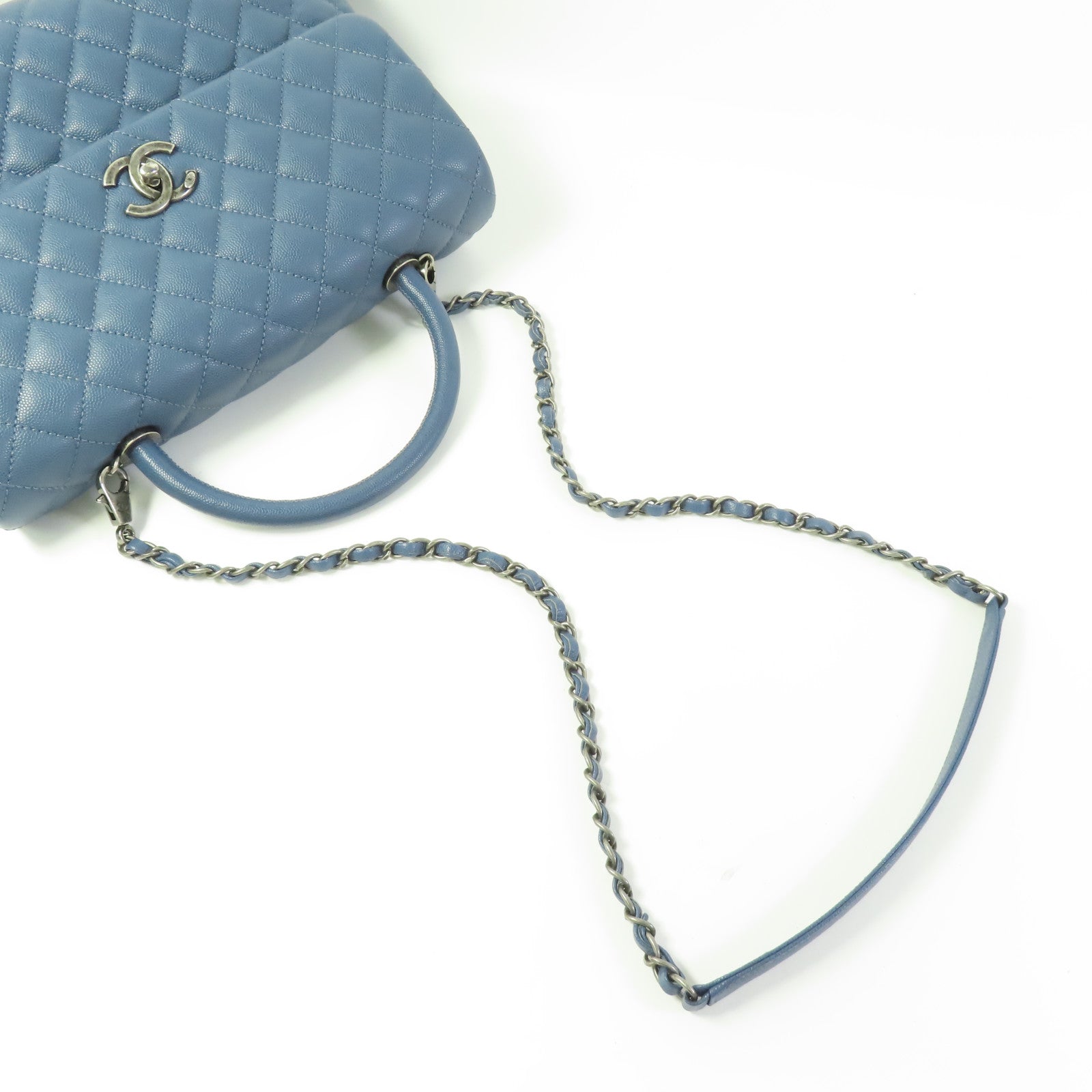 CHANEL CC Coco Handle Medium Chain 2 Way Bag A92990 Calfskin Leather Blue