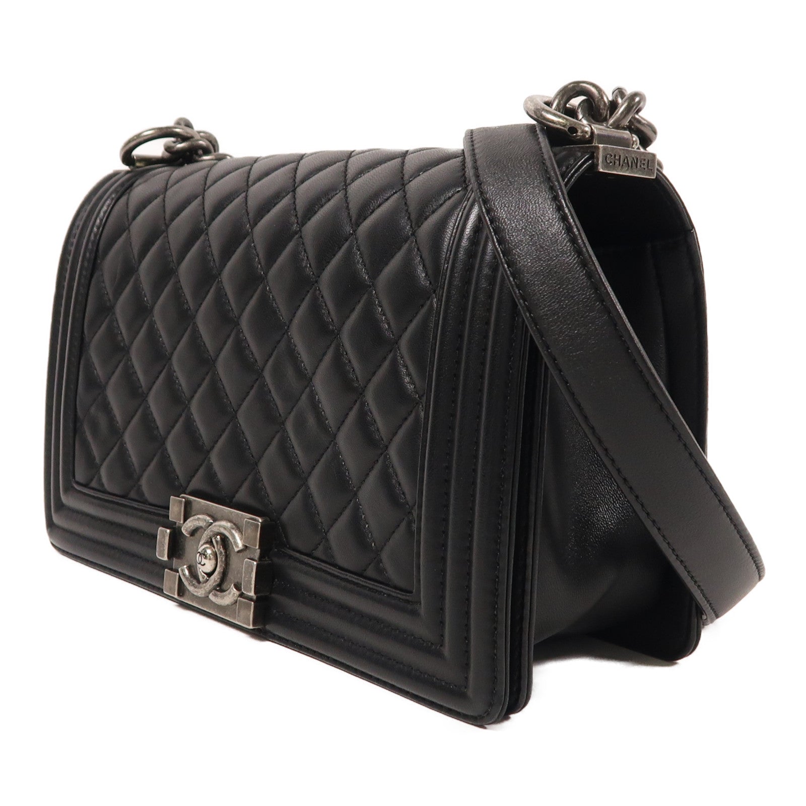 CHANEL 羊皮皮革Boy 25銀扣鏈帶肩背袋