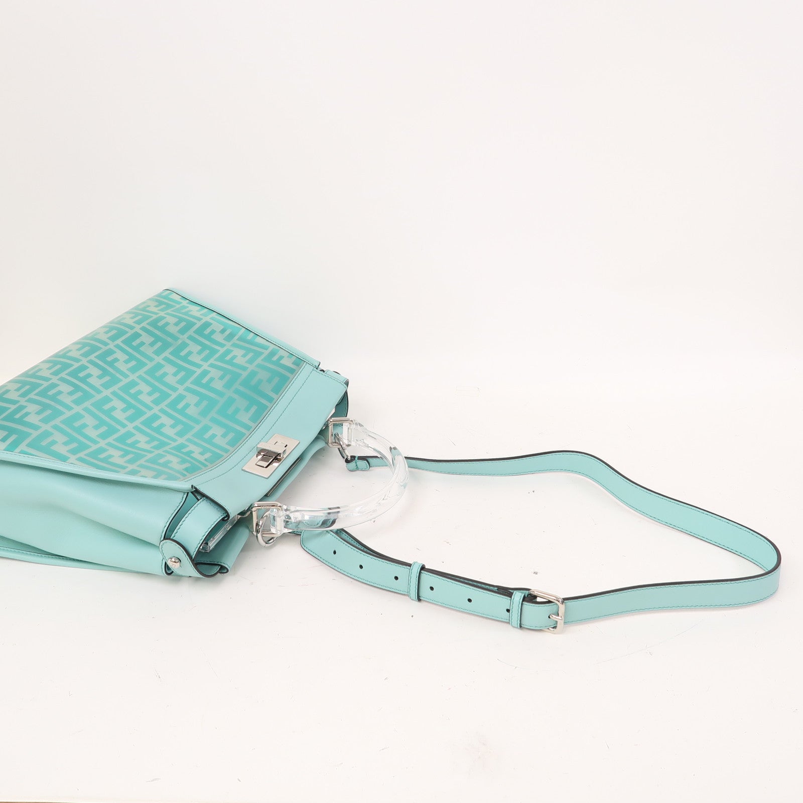 FENDI 【激減優惠】PVC Peekaboo銀扣手挽肩背兩用袋湖水綠色