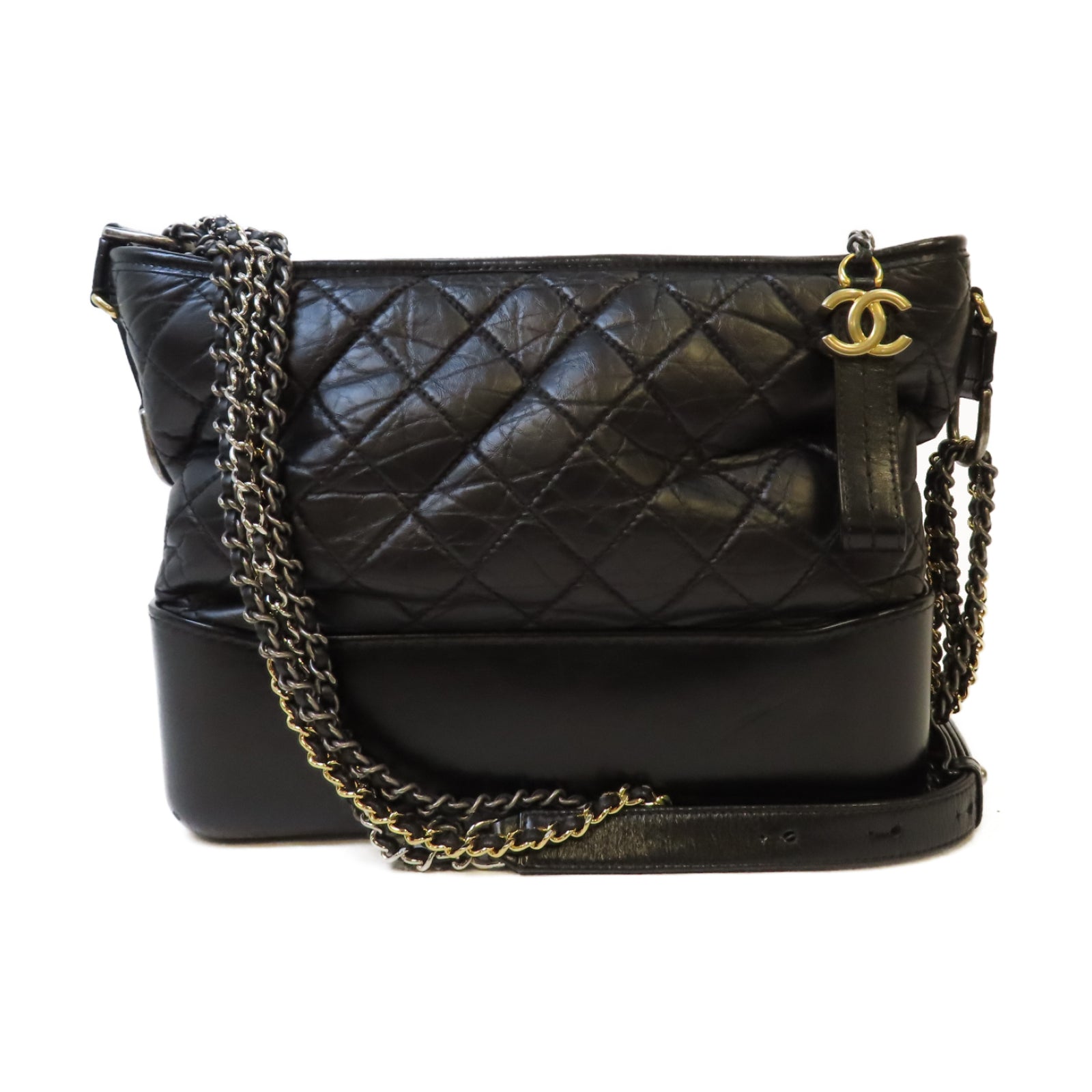 CHANEL 【激減優惠】菱格牛皮皮革Medium Gabrielle金扣/銀扣鏈帶肩背袋黑色