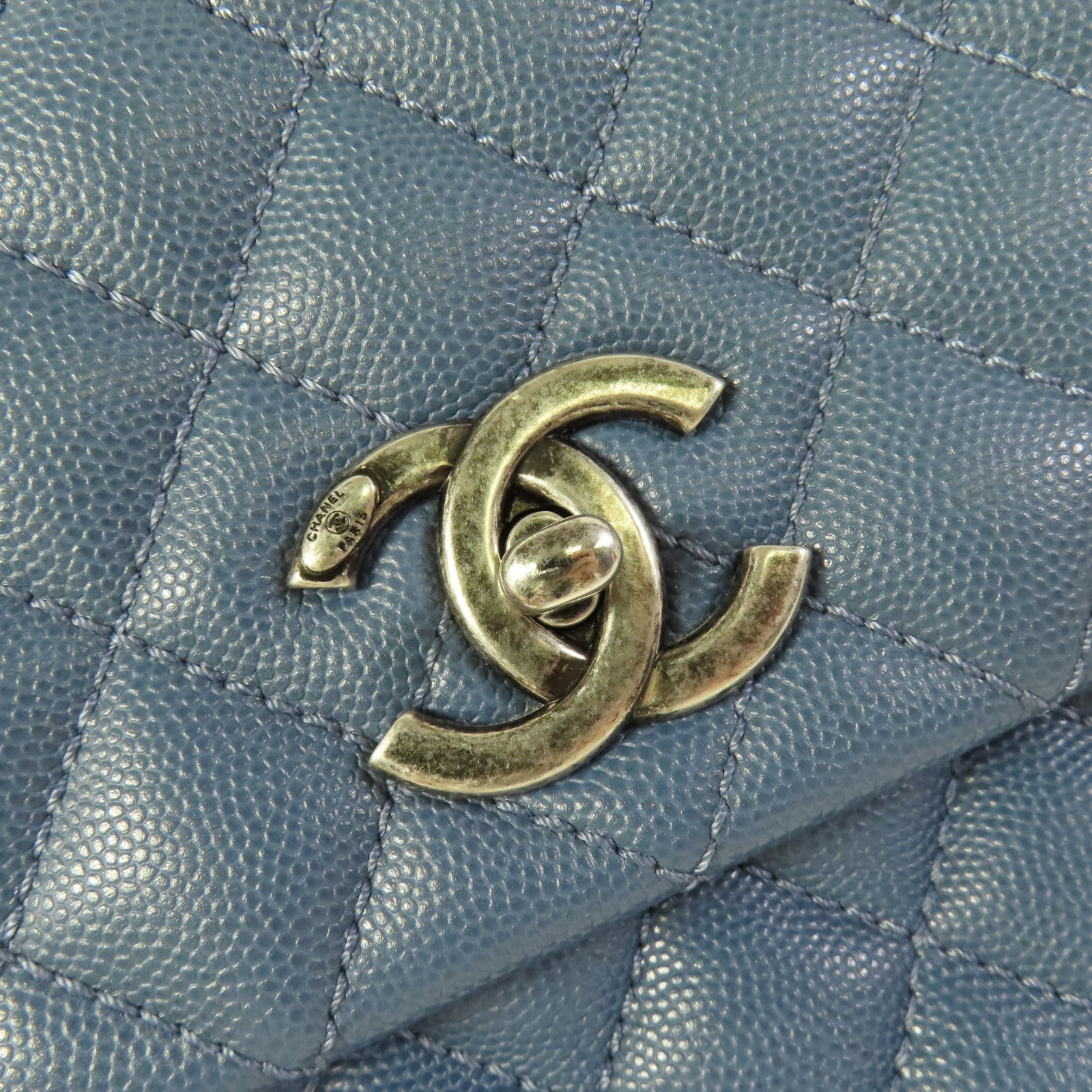 CHANEL CC Coco Handle Medium Chain 2 Way Bag A92990 Calfskin Leather Blue