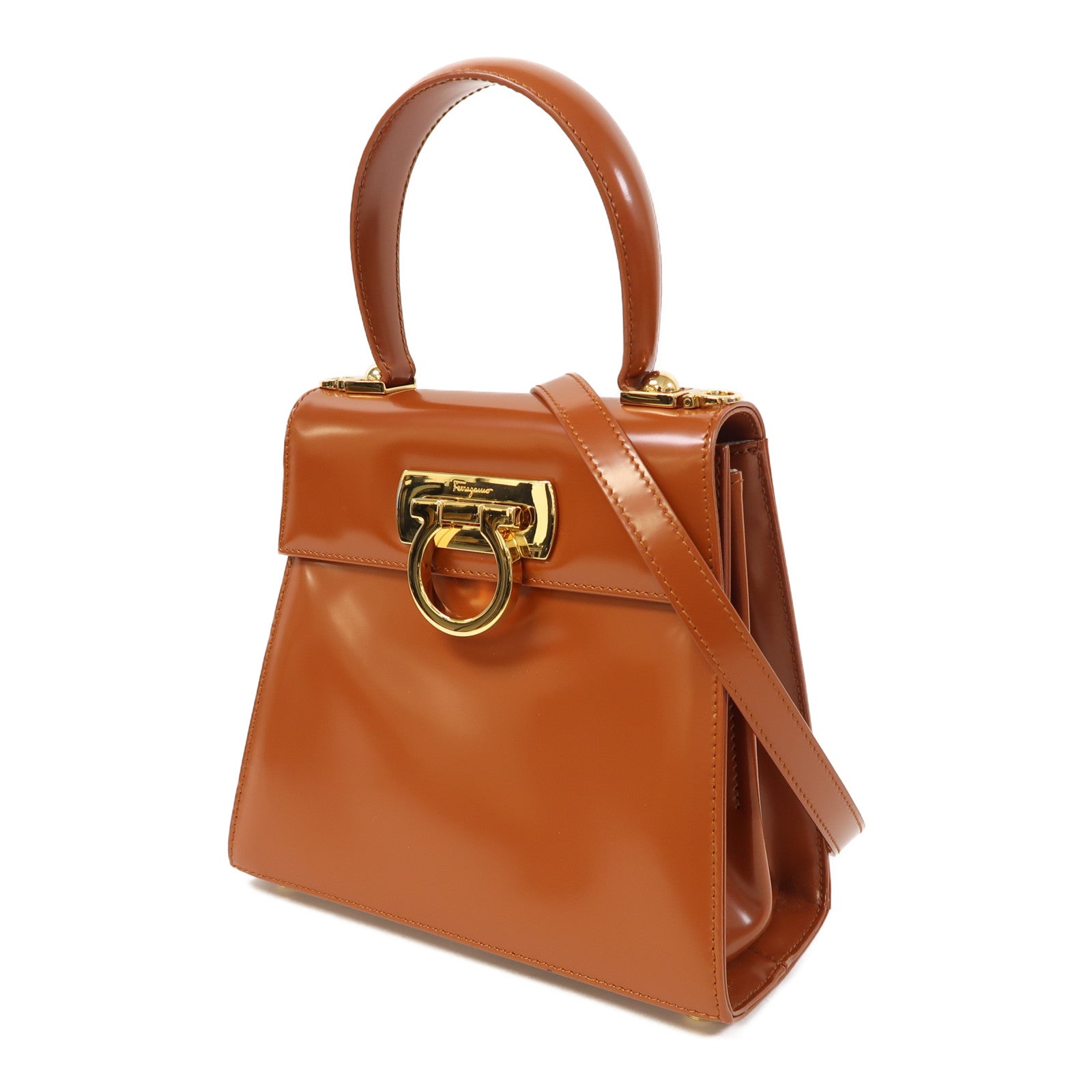 Salvatore Ferragamo 牛皮皮革Small Top Handle金扣手挽肩背兩用袋啡色