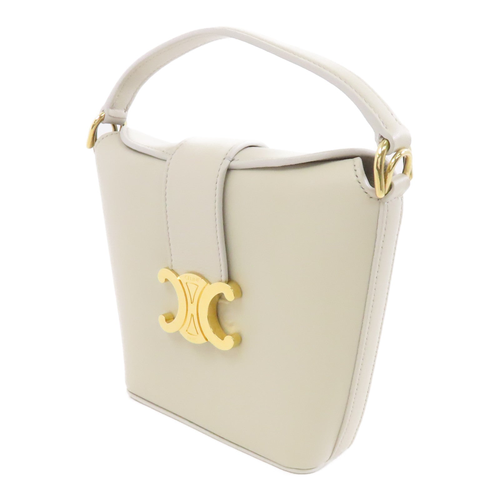 CELINE 牛皮皮革Triomphe Mini Bucket金扣手挽肩背兩用袋淺灰色