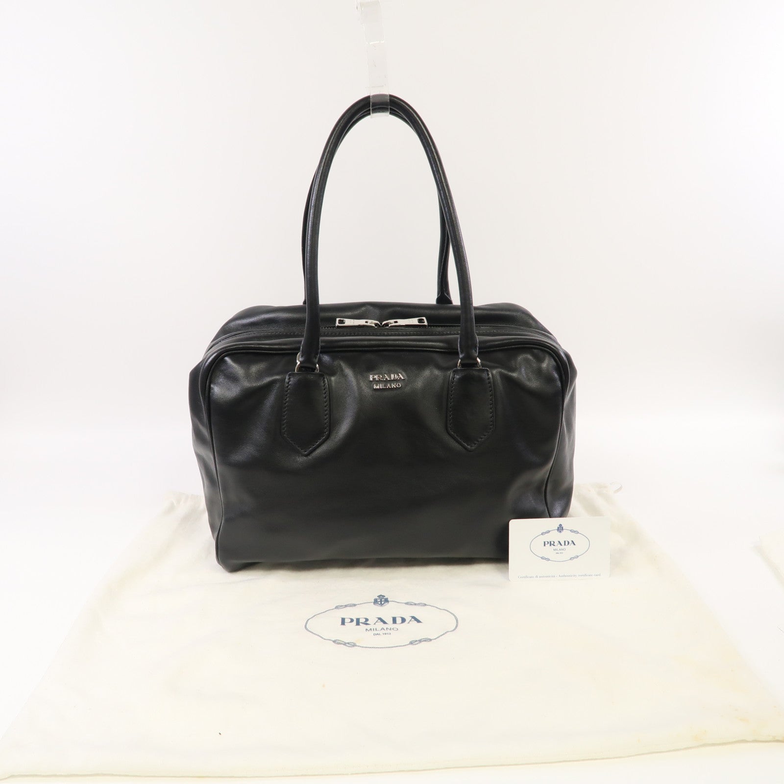 PRADA 牛皮皮革Hand Bag銀扣手挽袋黑色