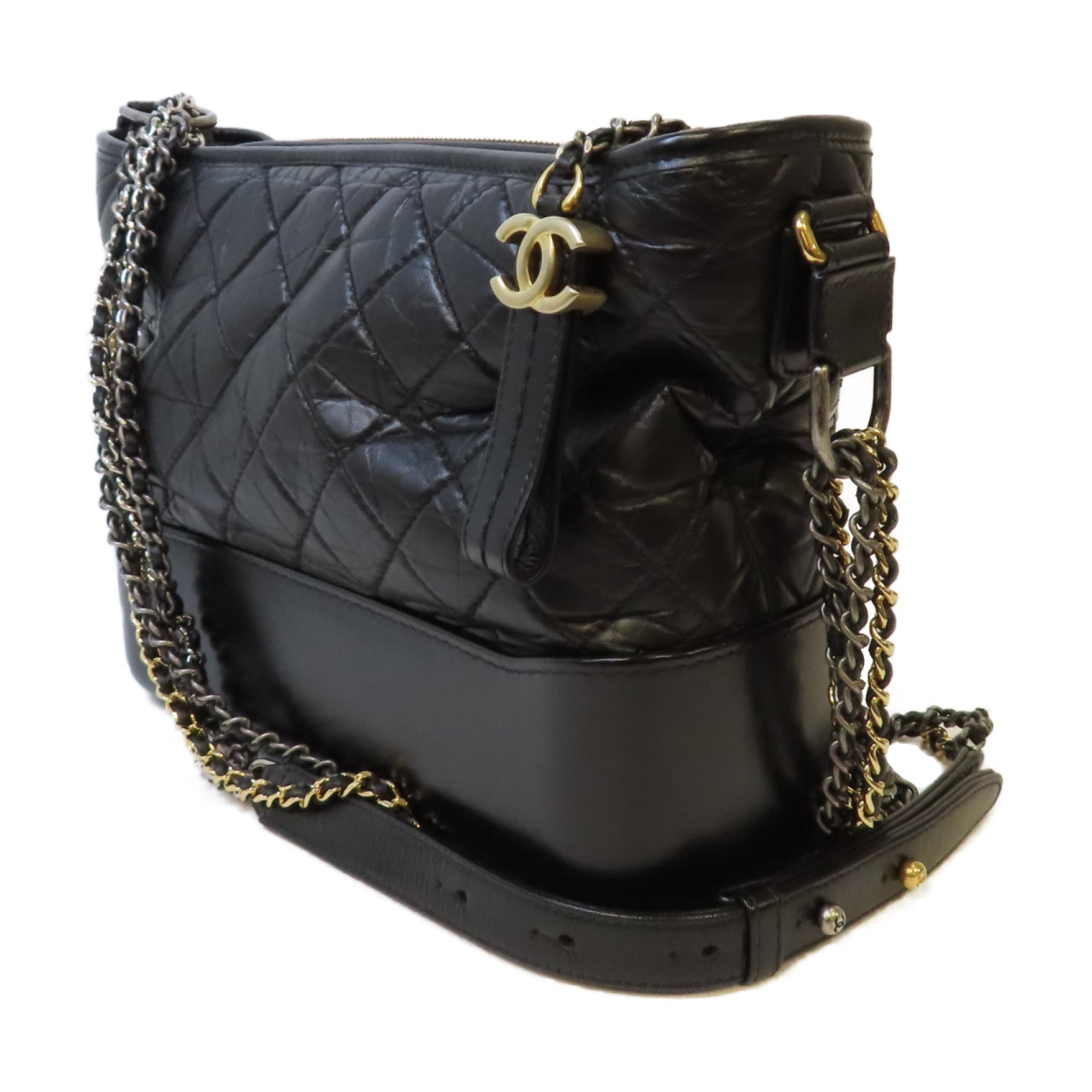 CHANEL 【激減優惠】菱格牛皮皮革Medium Gabrielle金扣/銀扣鏈帶肩背袋黑色