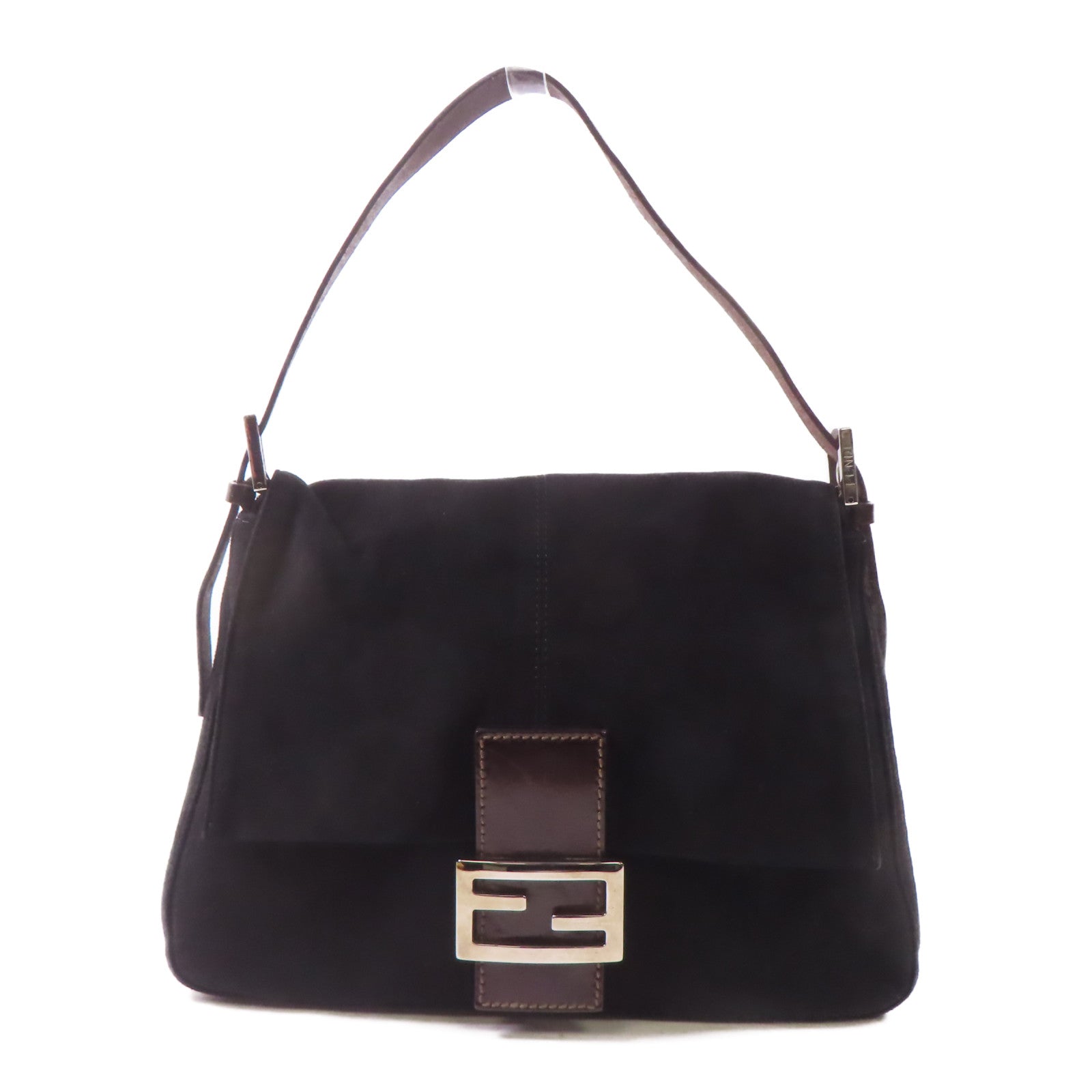 FENDI 絨布Mamma Baguette銀扣肩背袋黑色