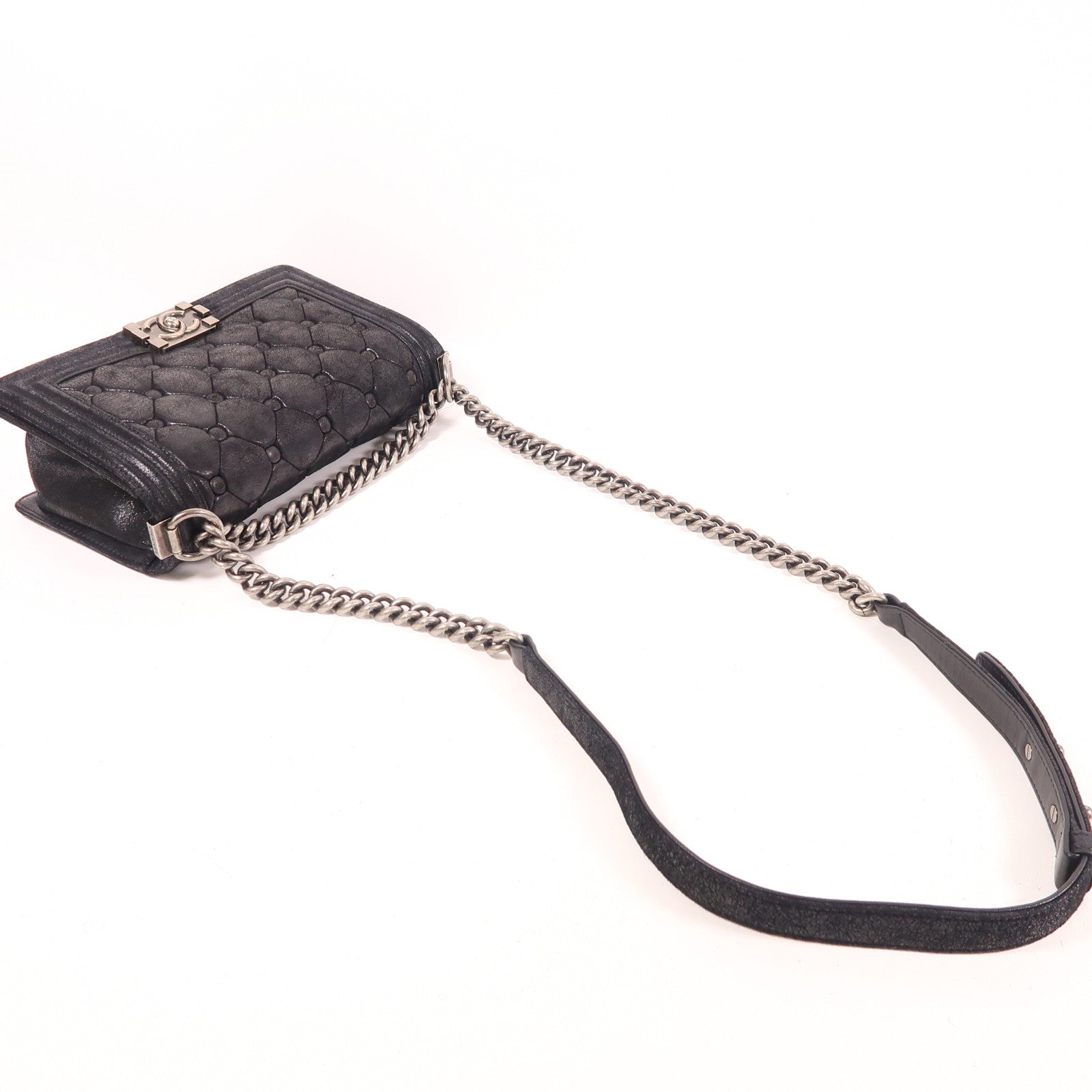 CHANEL 牛皮皮革Boy 25銀扣鏈帶肩背袋