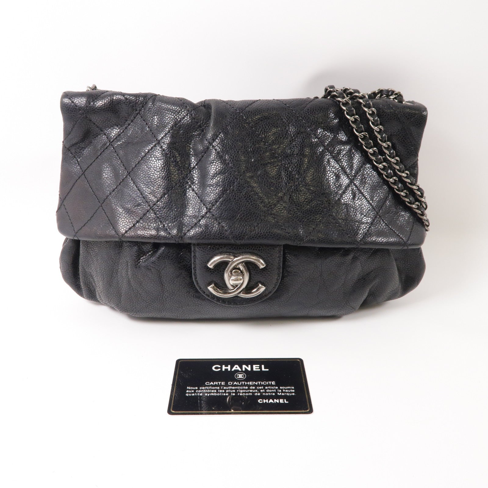 CHANEL 菱格牛皮皮革Chain Shoulder銀扣鏈帶肩背袋黑色