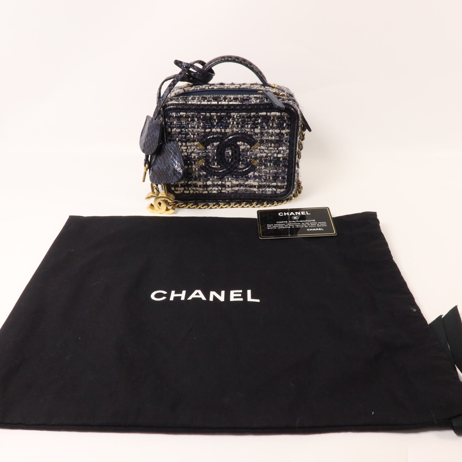 CHANEL Tweed/蛇皮皮革Vanity Case鏈帶手挽肩背兩用袋