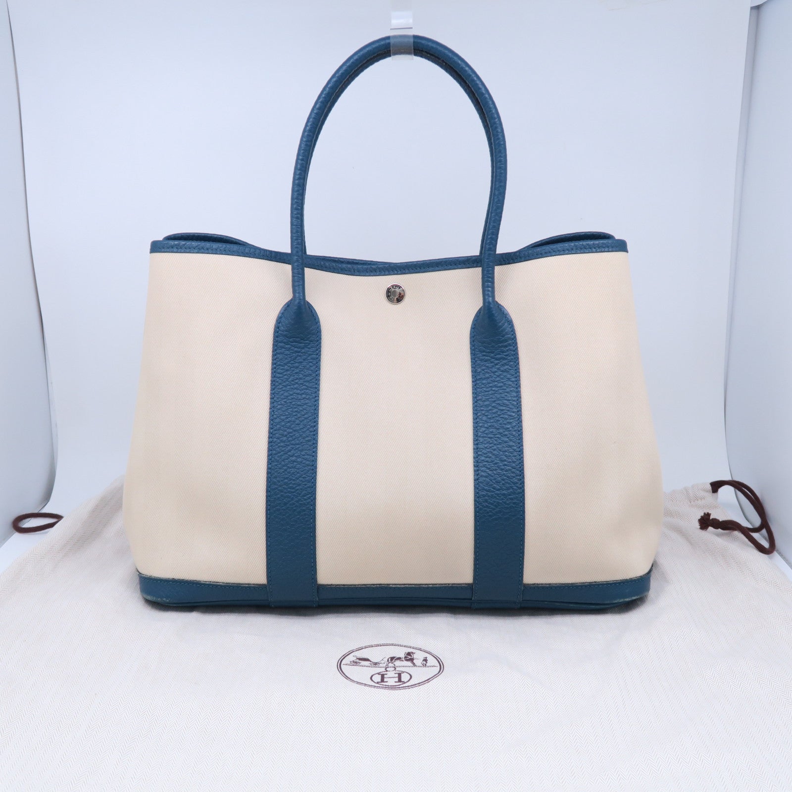 HERMES 【激減優惠】帆布GardenParty PM銀扣手挽袋藍色/米色
