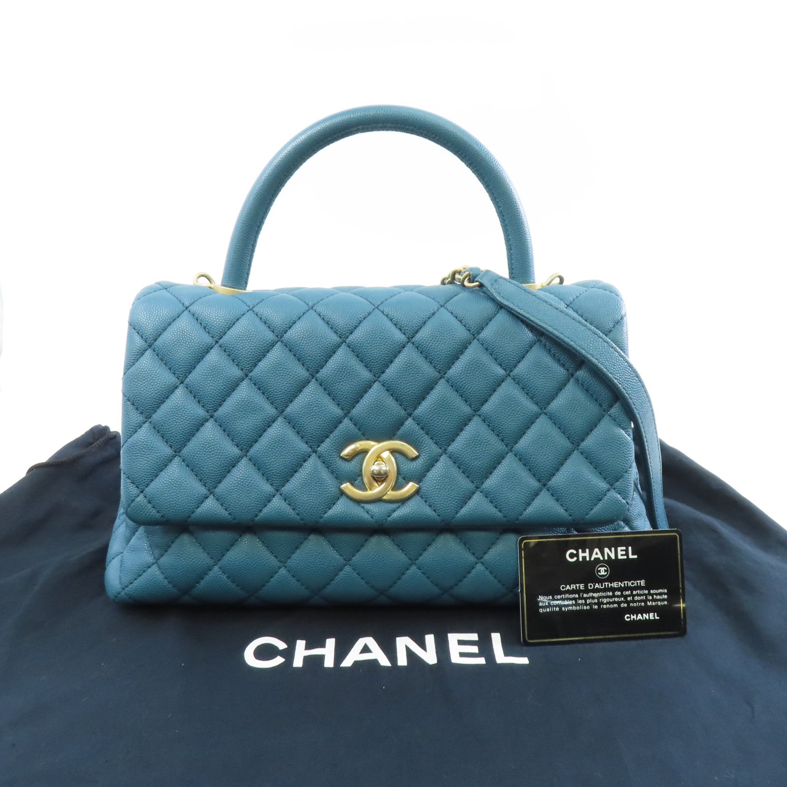CHANEL 【激減優惠】菱格Caviar皮革Coco Handle Medium金扣手挽肩背兩用袋綠色