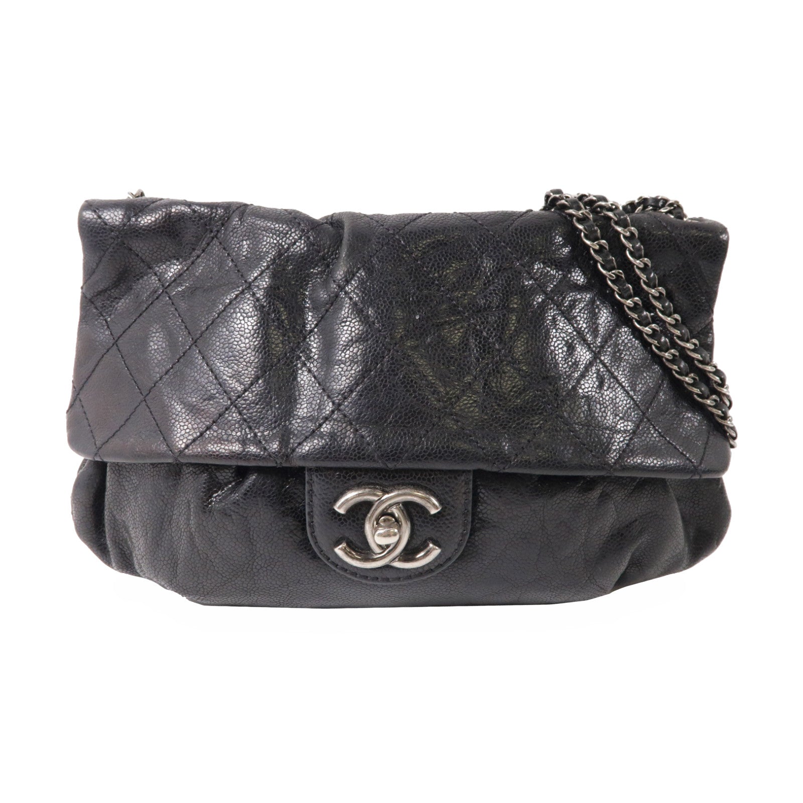 CHANEL 菱格牛皮皮革Chain Shoulder銀扣鏈帶肩背袋黑色