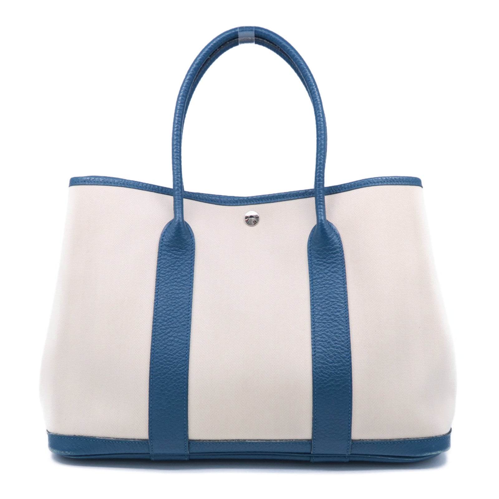 HERMES 【激減優惠】帆布GardenParty PM銀扣手挽袋藍色/米色