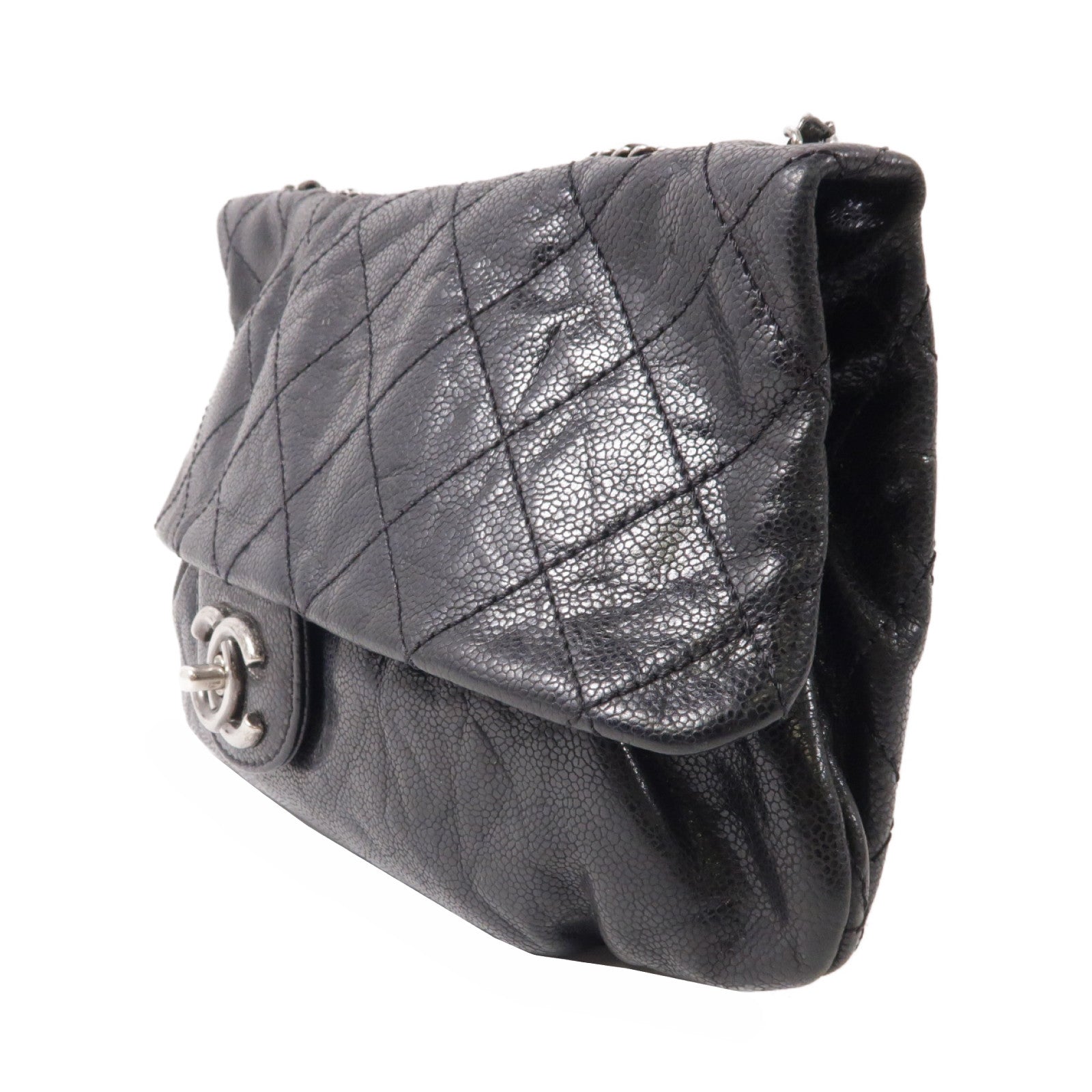 CHANEL 菱格牛皮皮革Chain Shoulder銀扣鏈帶肩背袋黑色