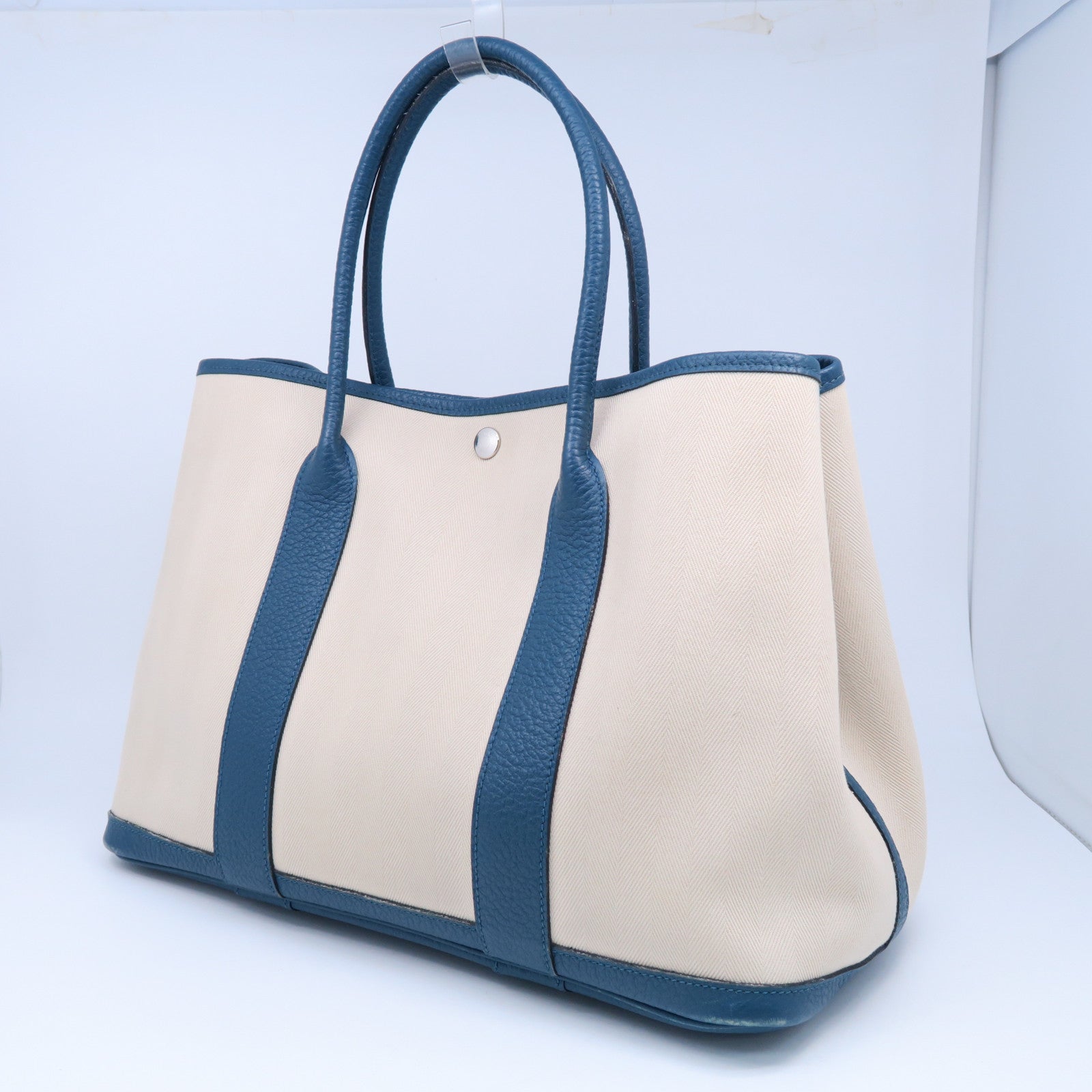 HERMES 【激減優惠】帆布GardenParty PM銀扣手挽袋藍色/米色