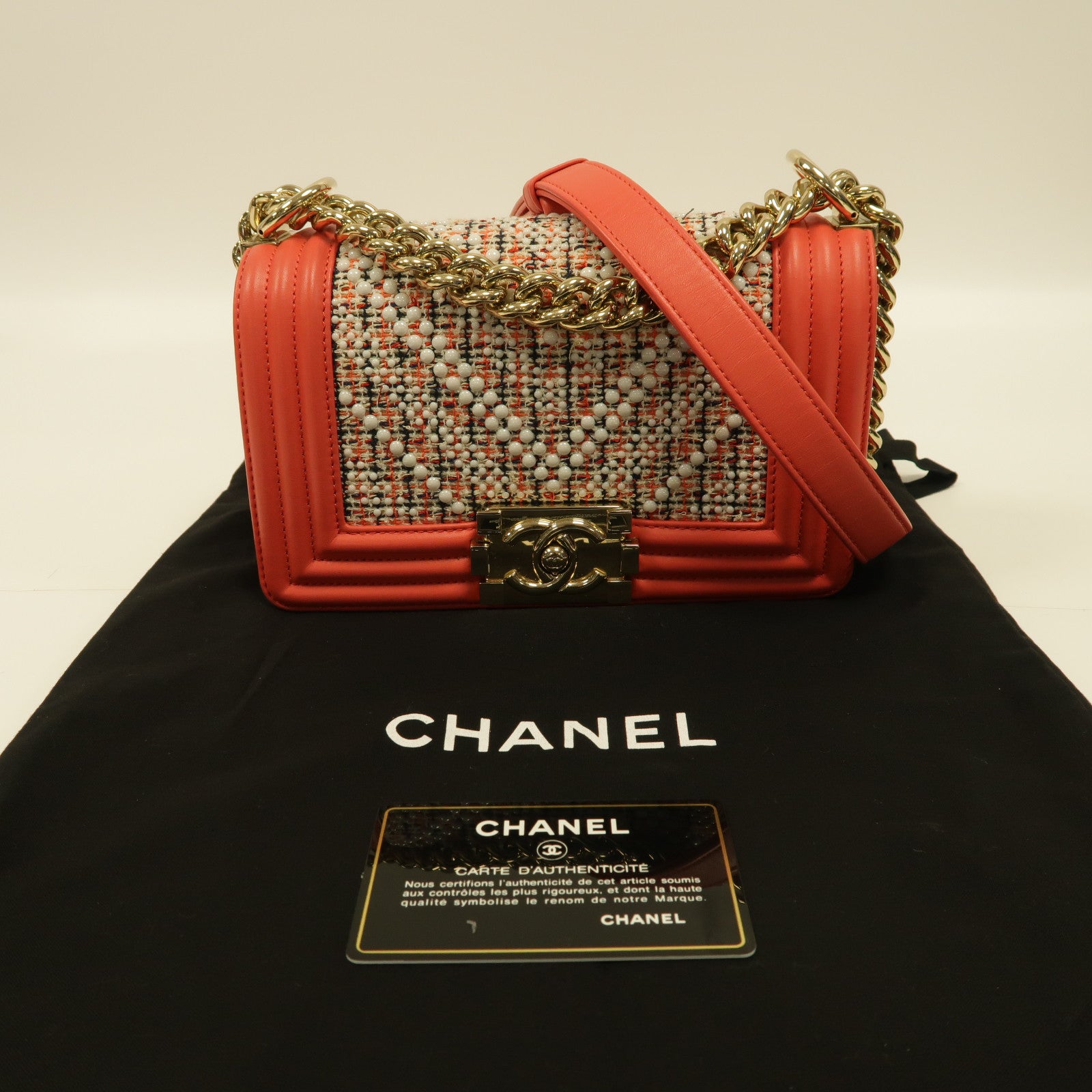 CHANEL 粗花呢Boy 20金扣鏈帶肩背袋粉紅色