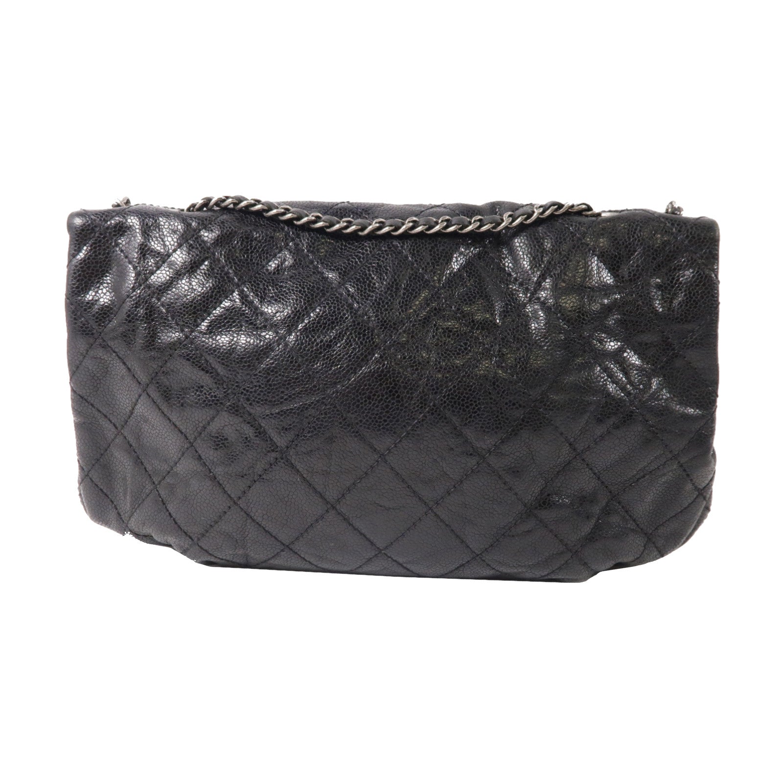 CHANEL 菱格牛皮皮革Chain Shoulder銀扣鏈帶肩背袋黑色
