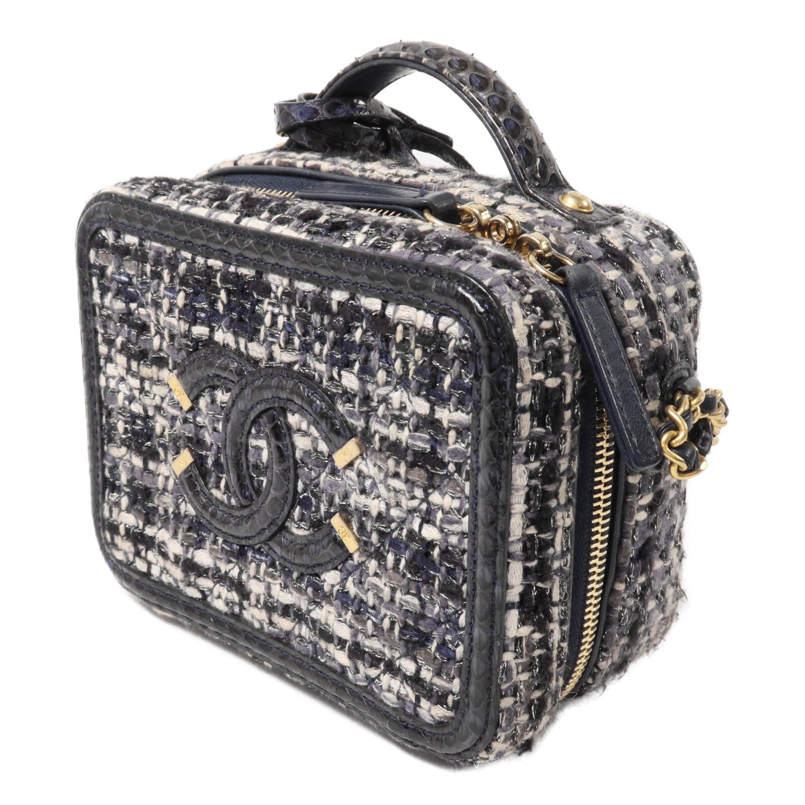 CHANEL Tweed/蛇皮皮革Vanity Case鏈帶手挽肩背兩用袋