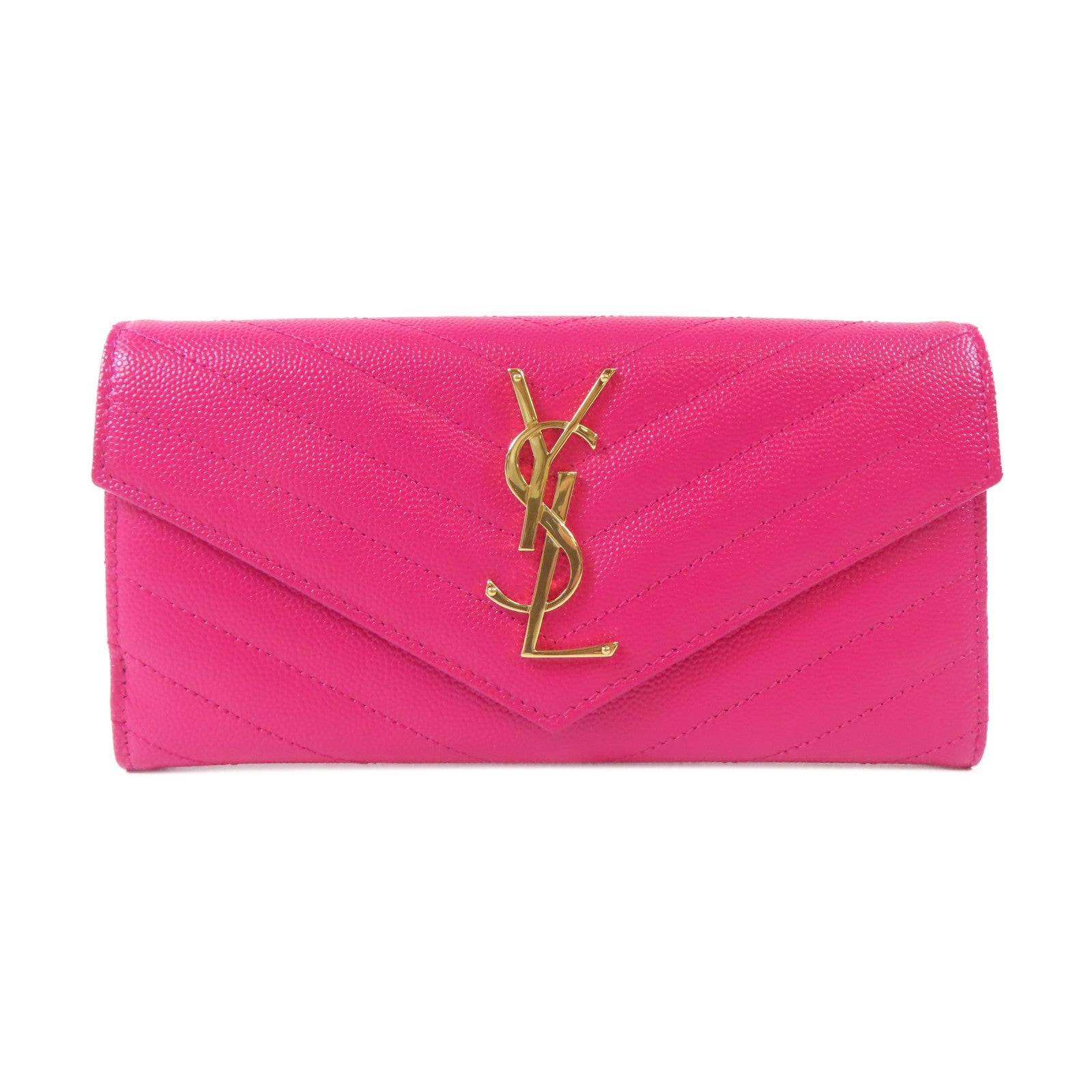YVES SAINT LAURENT 牛皮皮革Long Wallet金扣長錢包桃紅色