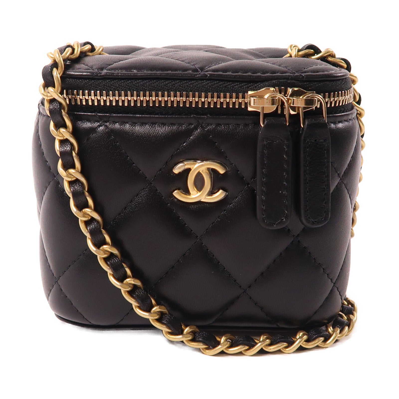 CHANEL 羊皮皮革Vanity Case金扣鏈帶肩背袋黑色