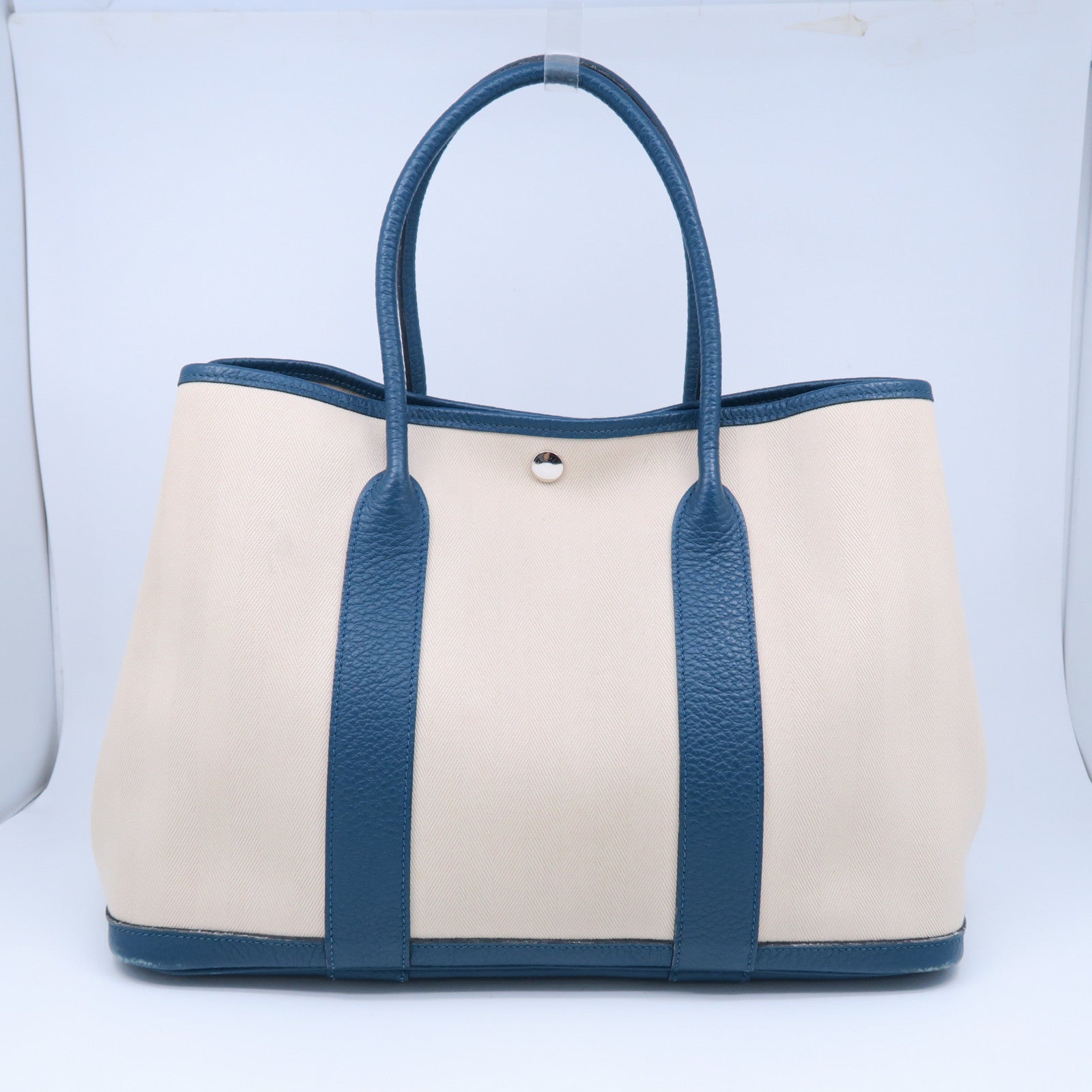 HERMES 【激減優惠】帆布GardenParty PM銀扣手挽袋藍色/米色