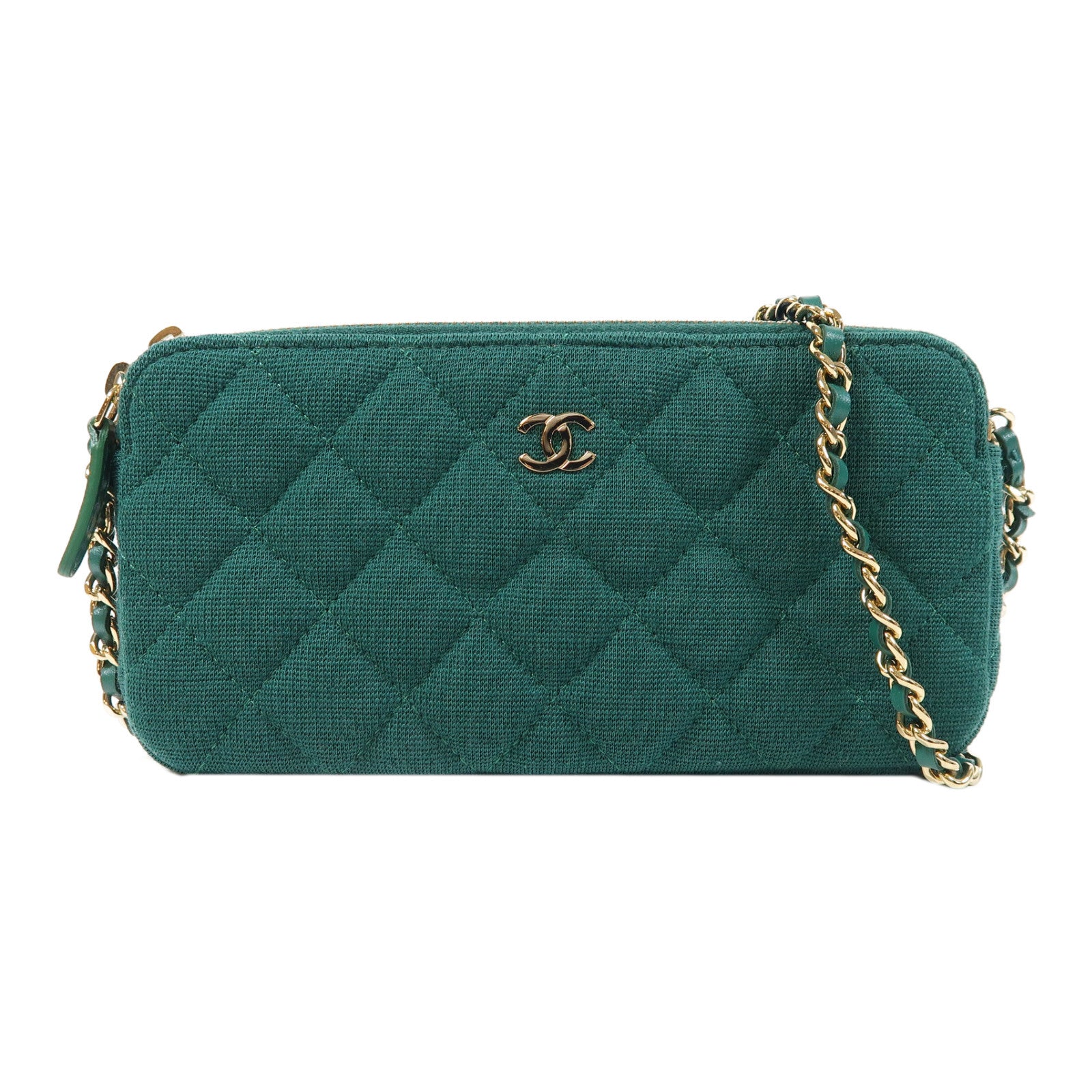 CHANEL 【激減優惠】菱格帆布Chain Shoulder金扣鏈帶肩背袋綠色