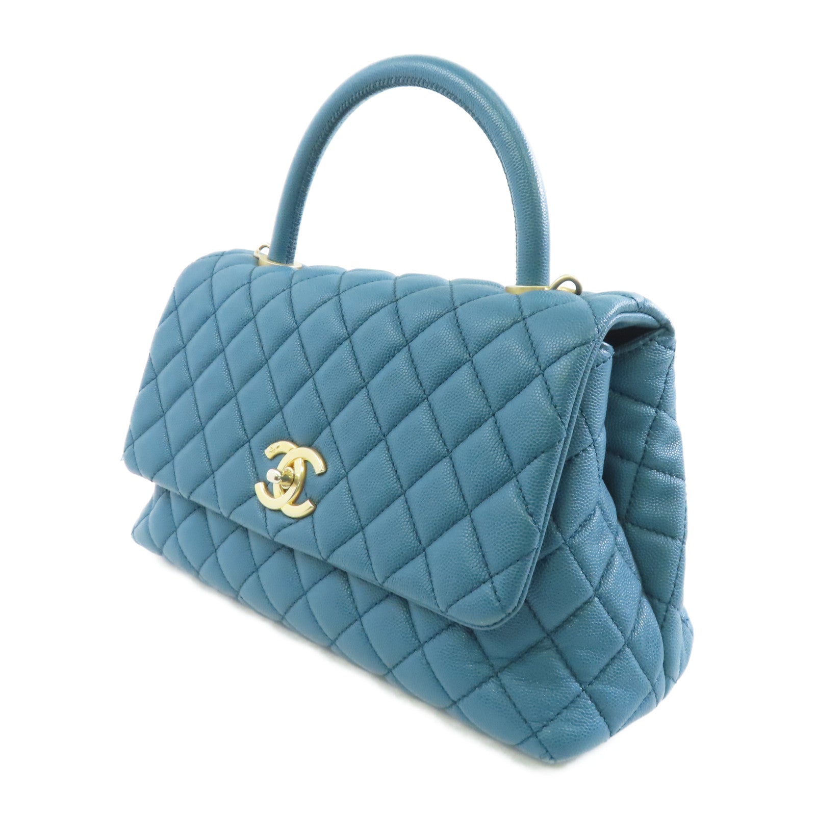 CHANEL 【激減優惠】菱格Caviar皮革Coco Handle Medium金扣手挽肩背兩用袋綠色
