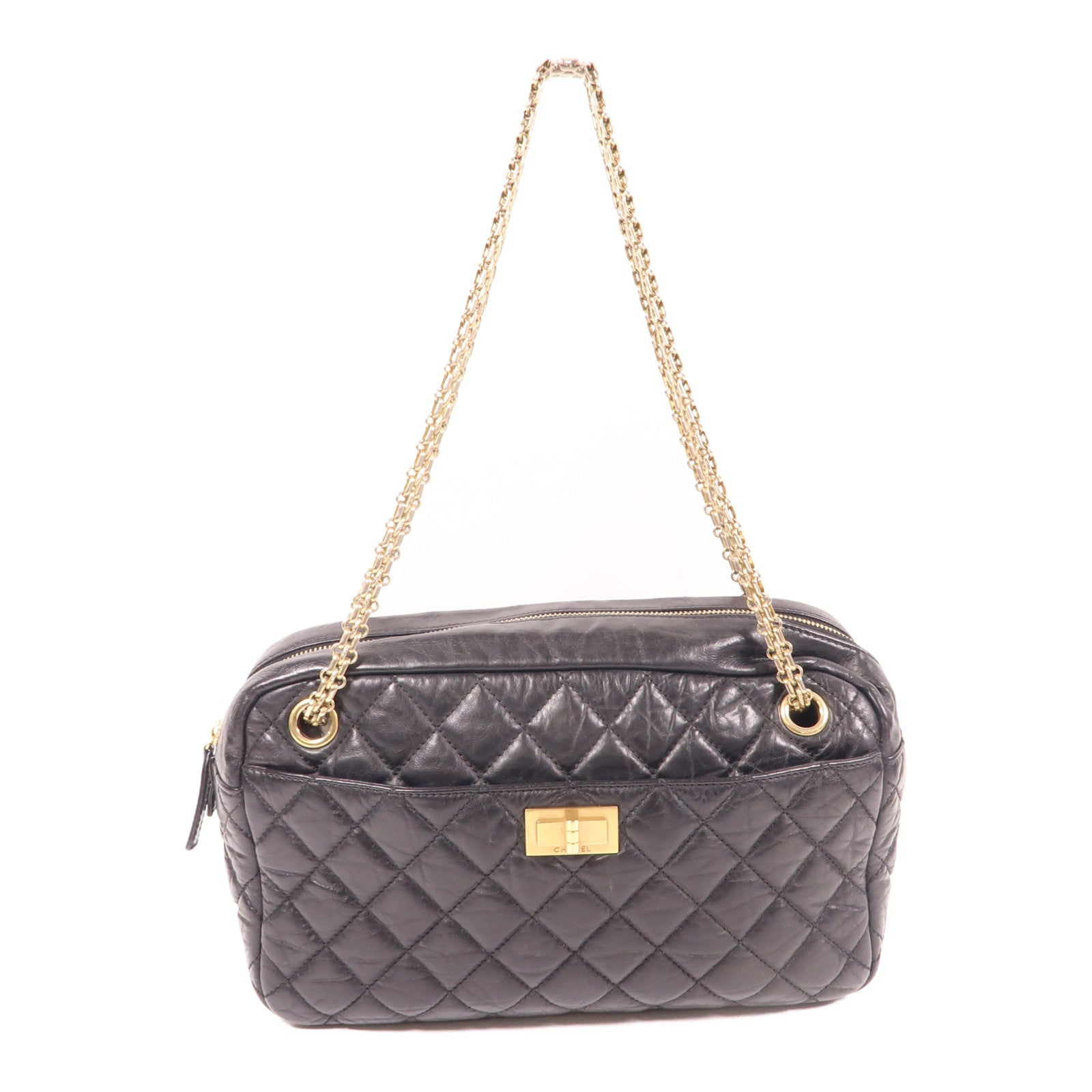 CHANEL 牛皮皮革2.55 Shoulder Bag金扣鏈帶肩背袋黑色