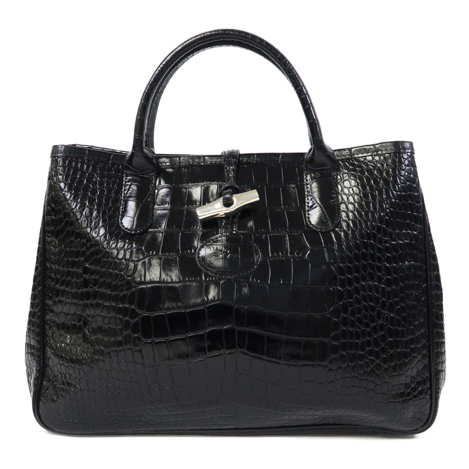Longchamp 皮革Hang Bag銀扣手挽袋黑色