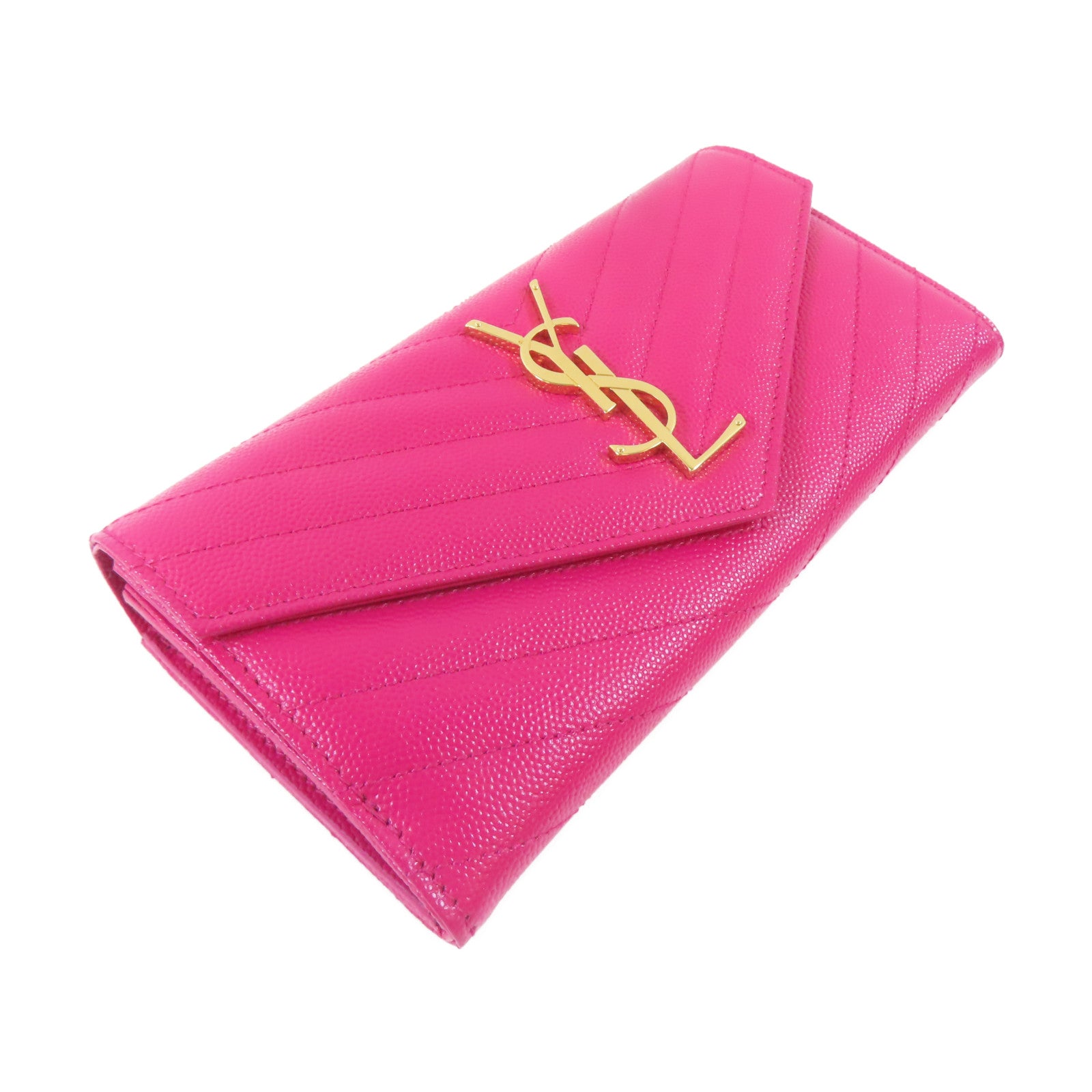 YVES SAINT LAURENT 牛皮皮革Long Wallet金扣長錢包桃紅色