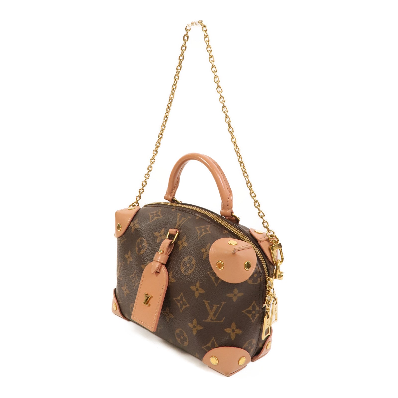 LOUIS VUITTON Monogram Petite Malle Souple金扣手挽肩背兩用袋棕色/粉紅色